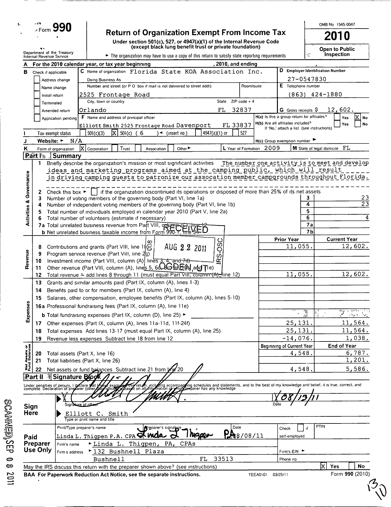 Image of first page of 2010 Form 990O for Florida State KOA Association