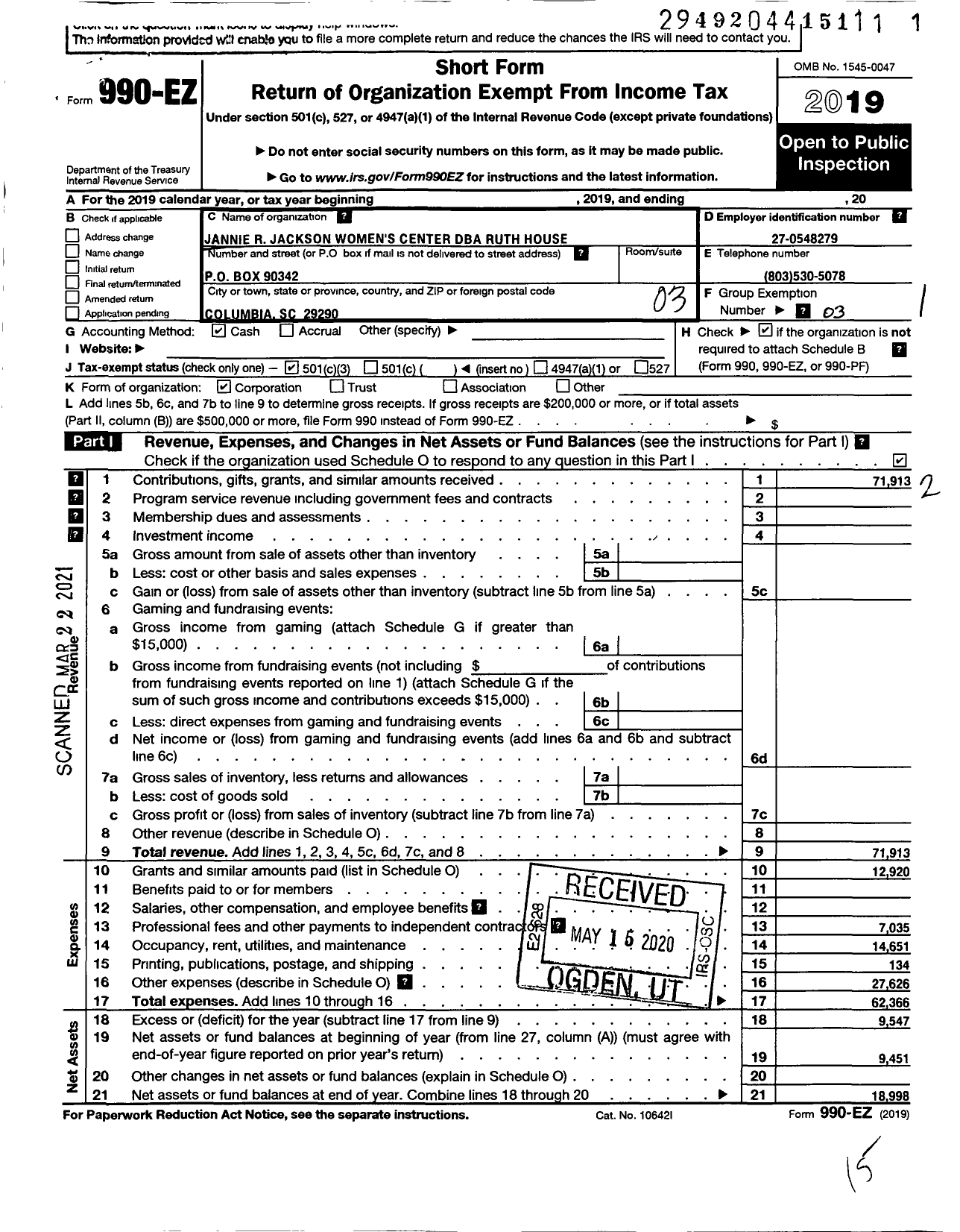 Image of first page of 2019 Form 990EZ for Ruth House