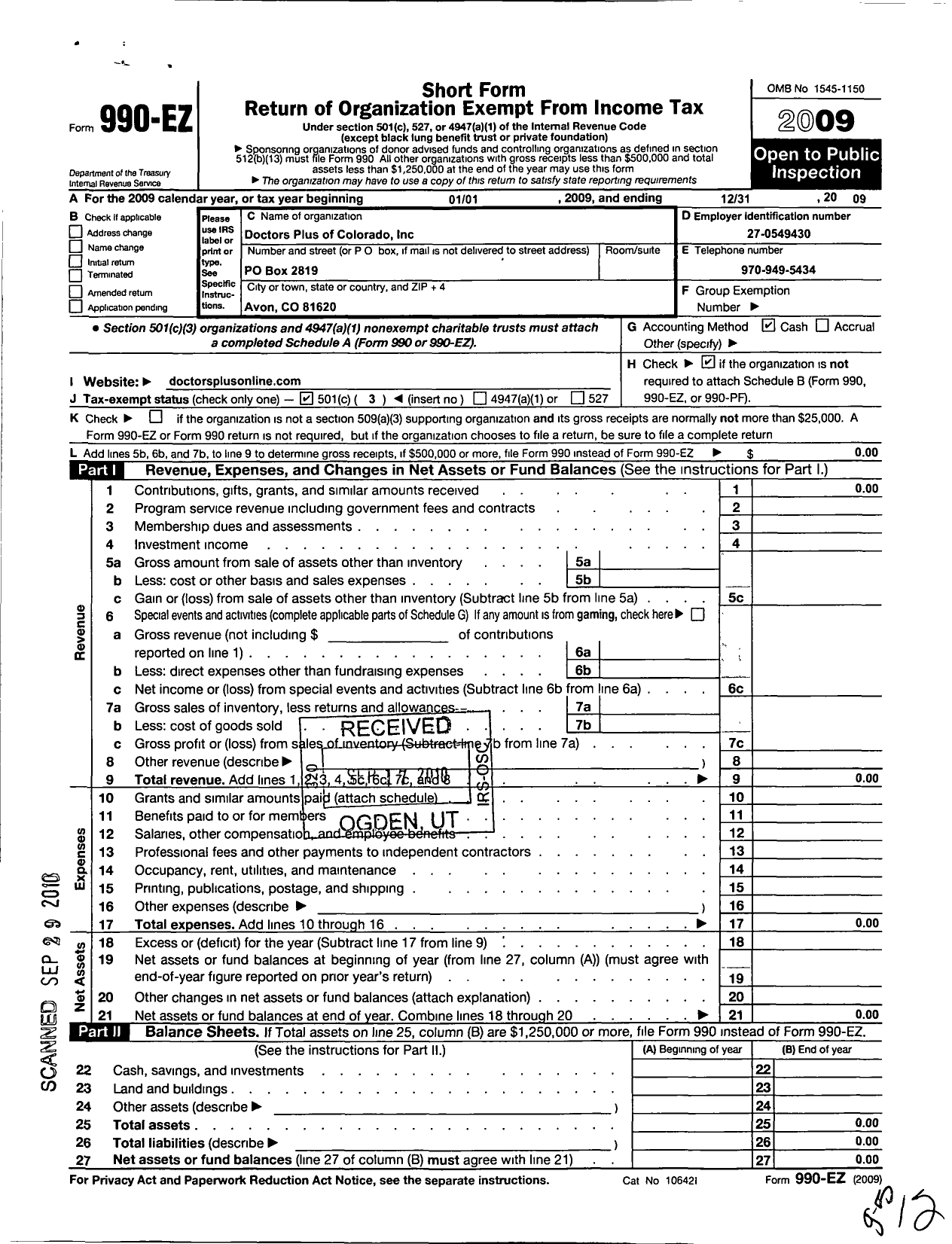 Image of first page of 2009 Form 990EZ for Doctors Plus of Colorado