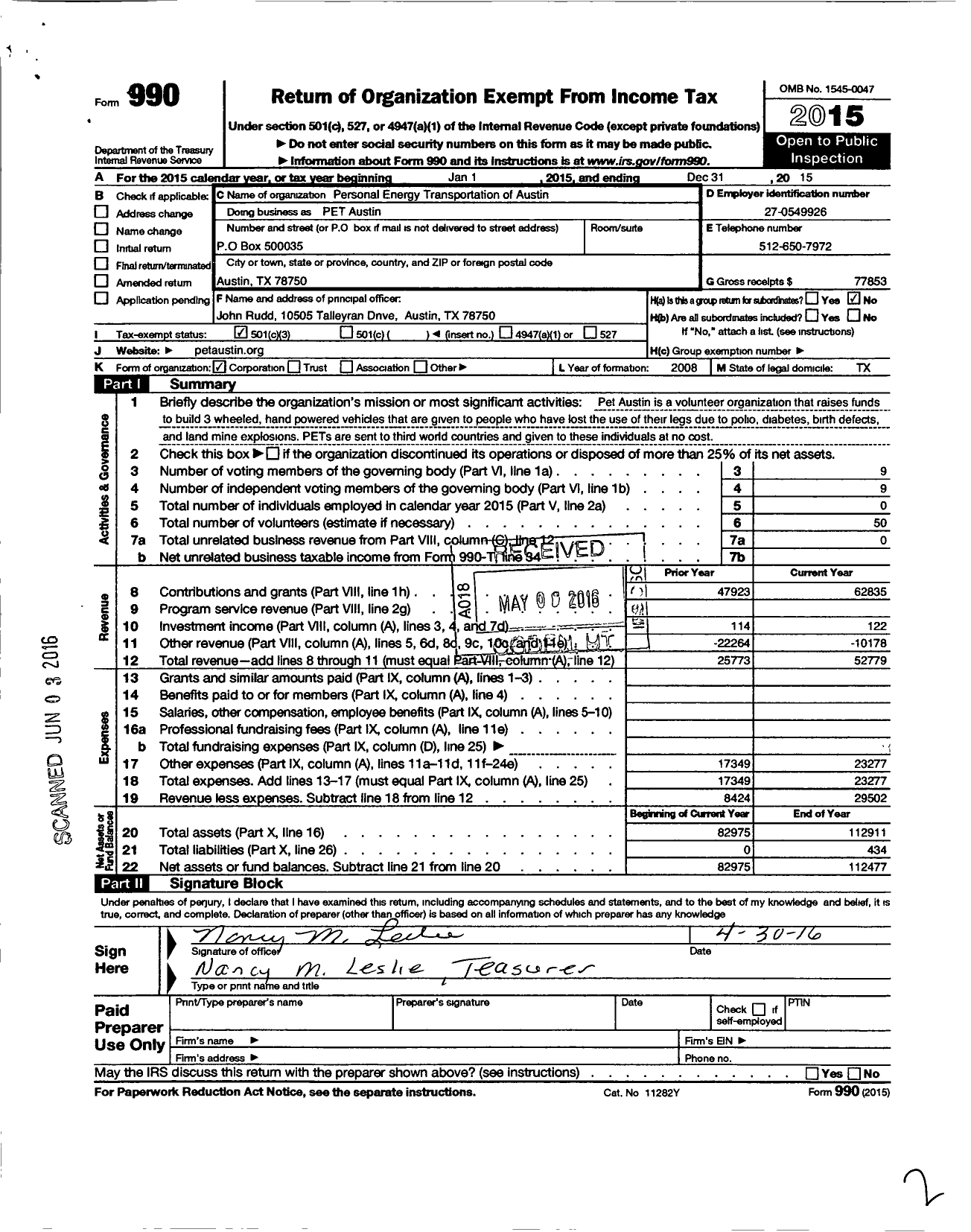 Image of first page of 2015 Form 990 for Personal Energy Transportation of Austin