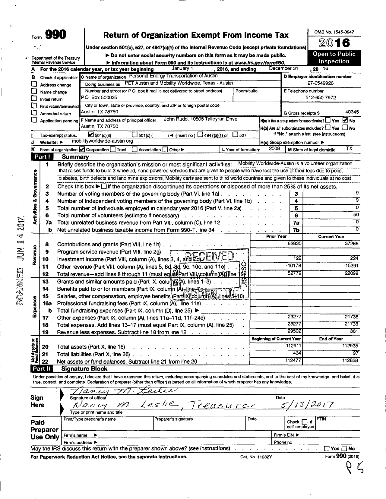 Image of first page of 2016 Form 990 for Personal Energy Transportation of Austin