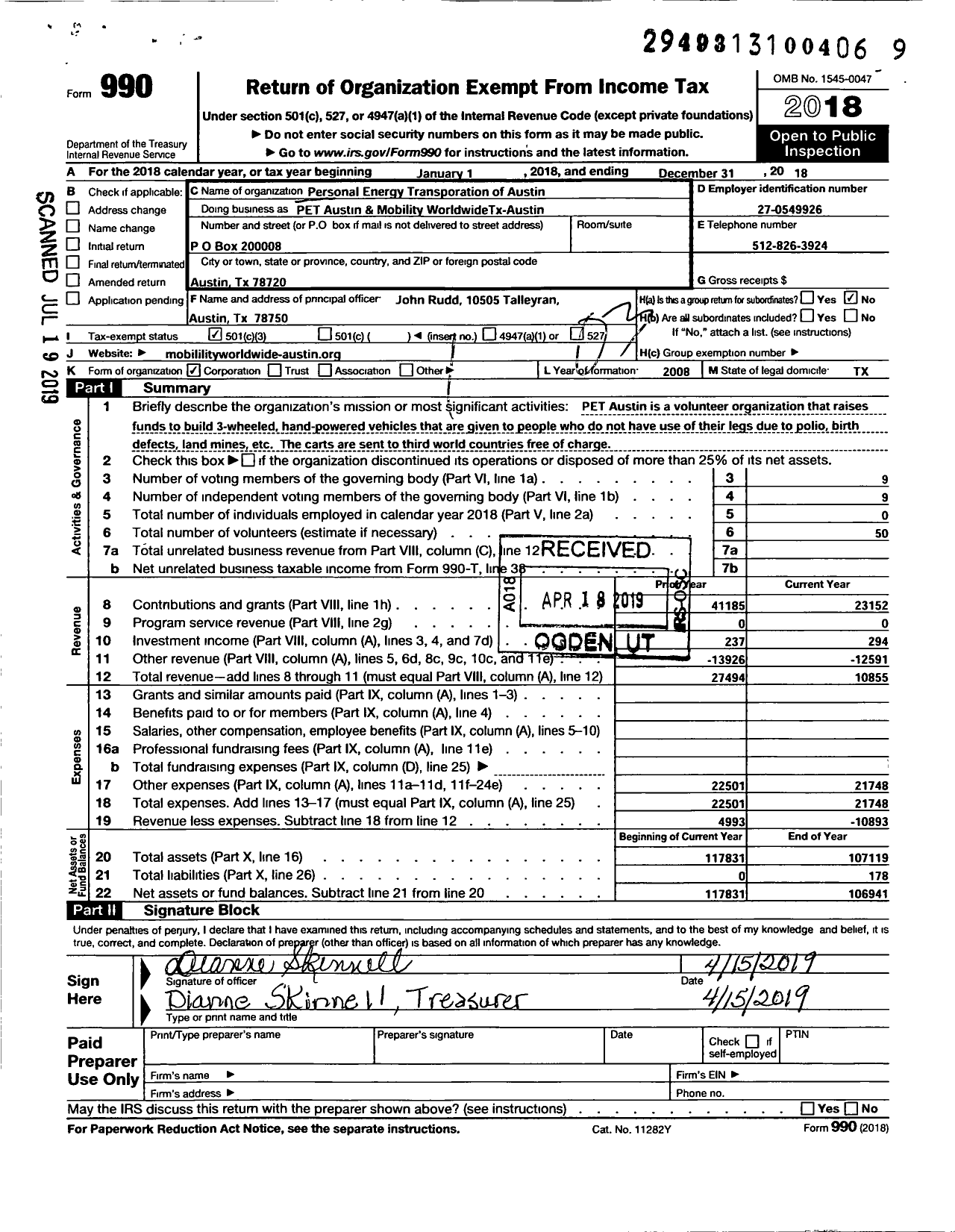 Image of first page of 2018 Form 990 for Personal Energy Transportation of Austin