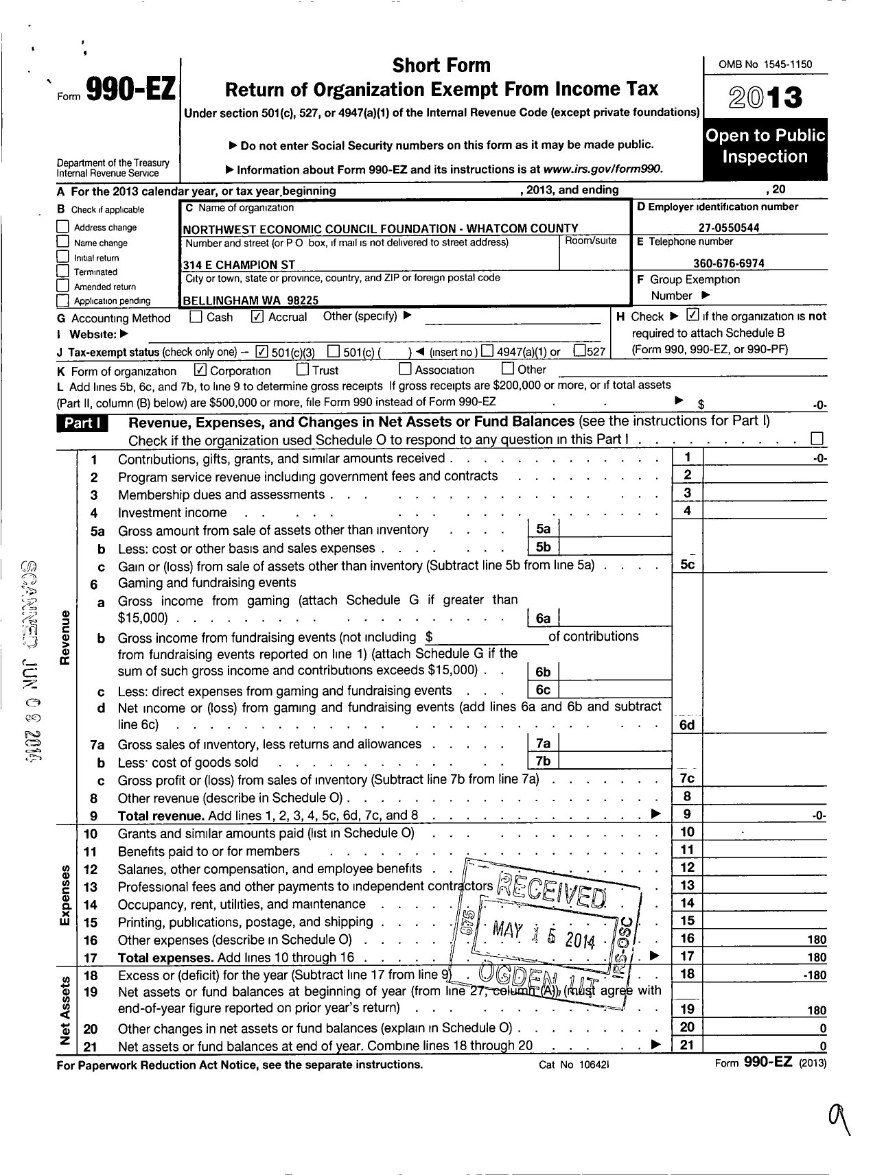 Image of first page of 2013 Form 990EZ for Northwest Economic Council Foundation - Whatcom County