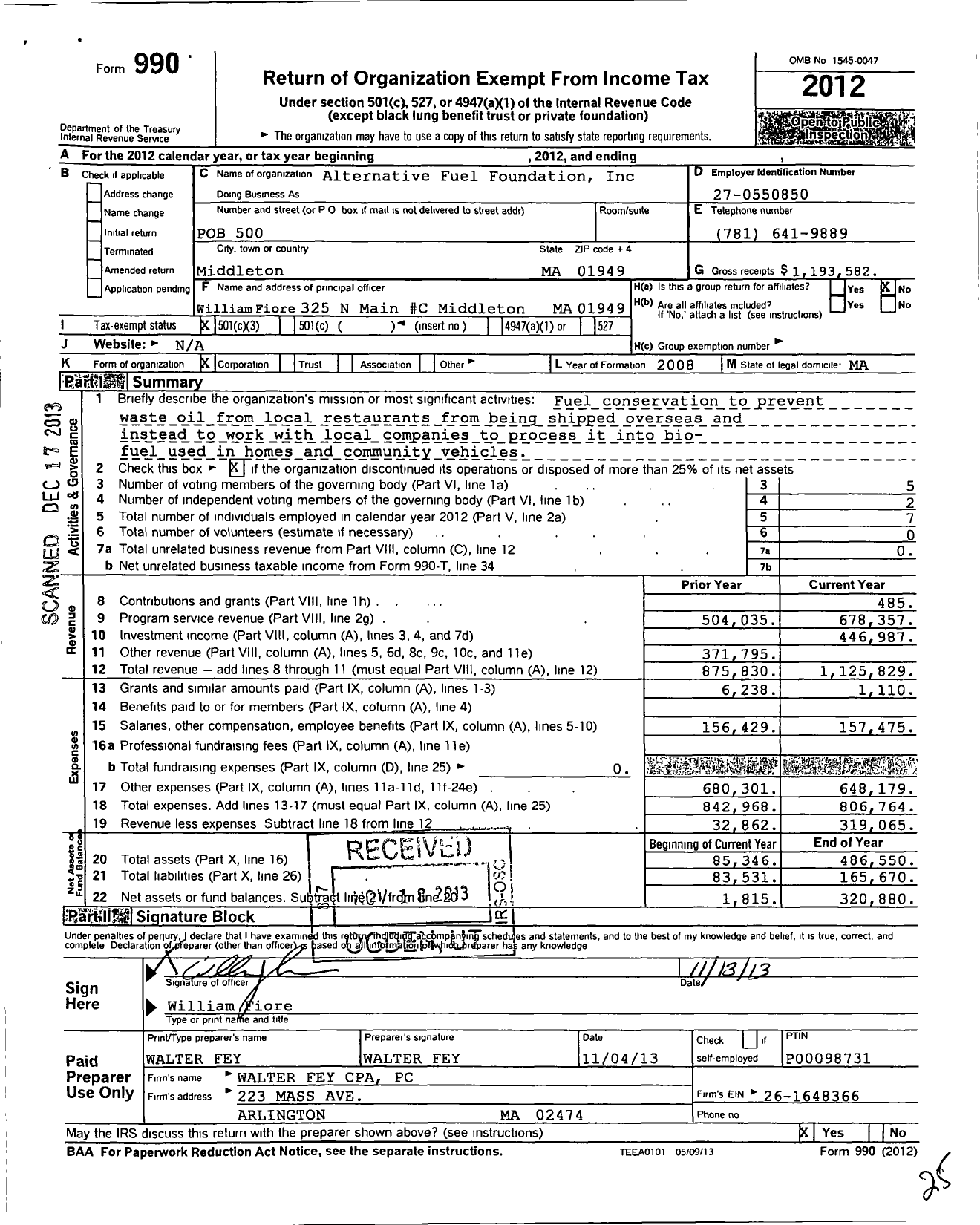 Image of first page of 2012 Form 990 for Alternative Fuel Foundation