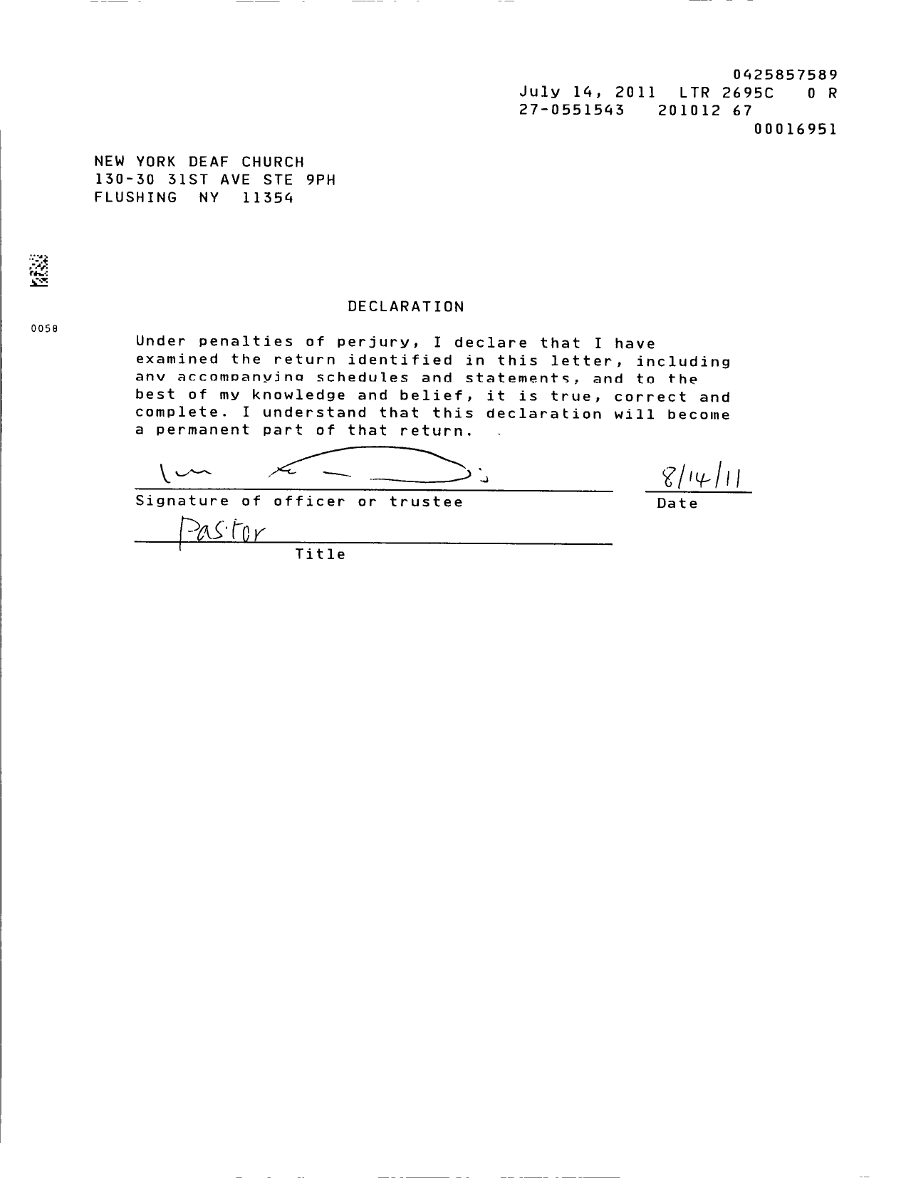 Image of first page of 2010 Form 990ER for New York Deaf Church