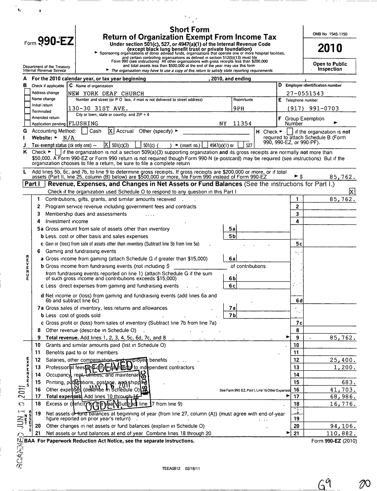 Image of first page of 2010 Form 990EZ for New York Deaf Church