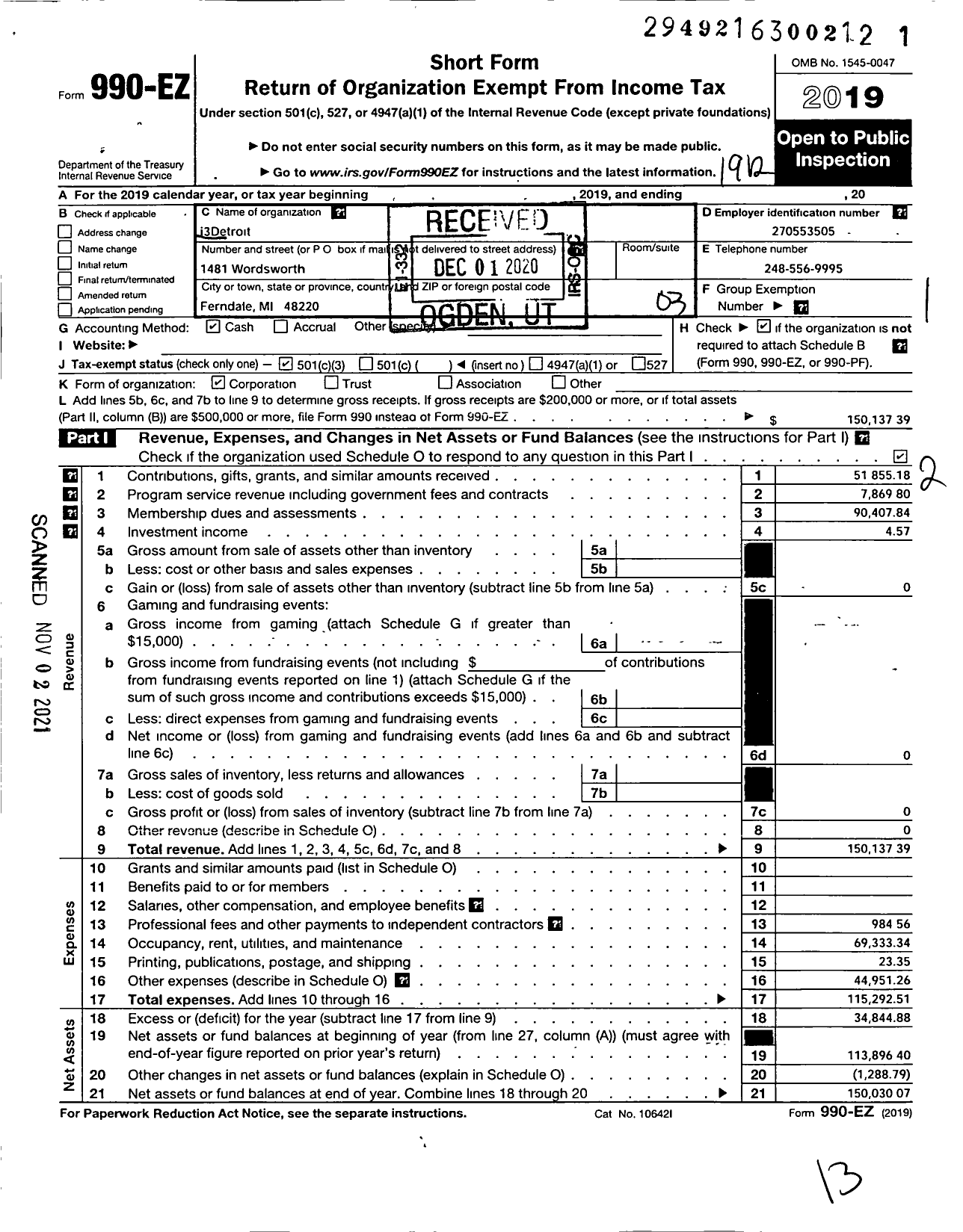 Image of first page of 2019 Form 990EZ for I3 Detroit