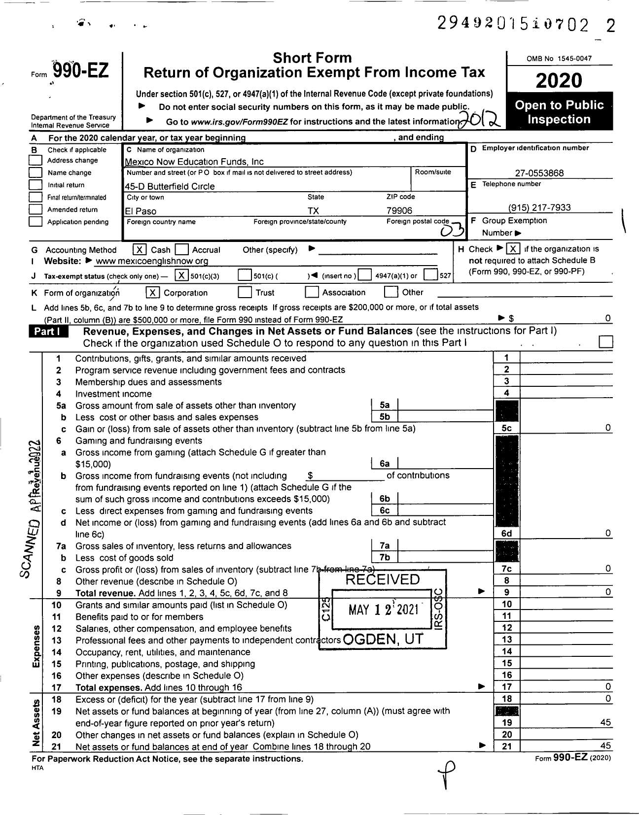 Image of first page of 2020 Form 990EZ for Mexico Now Education Fund