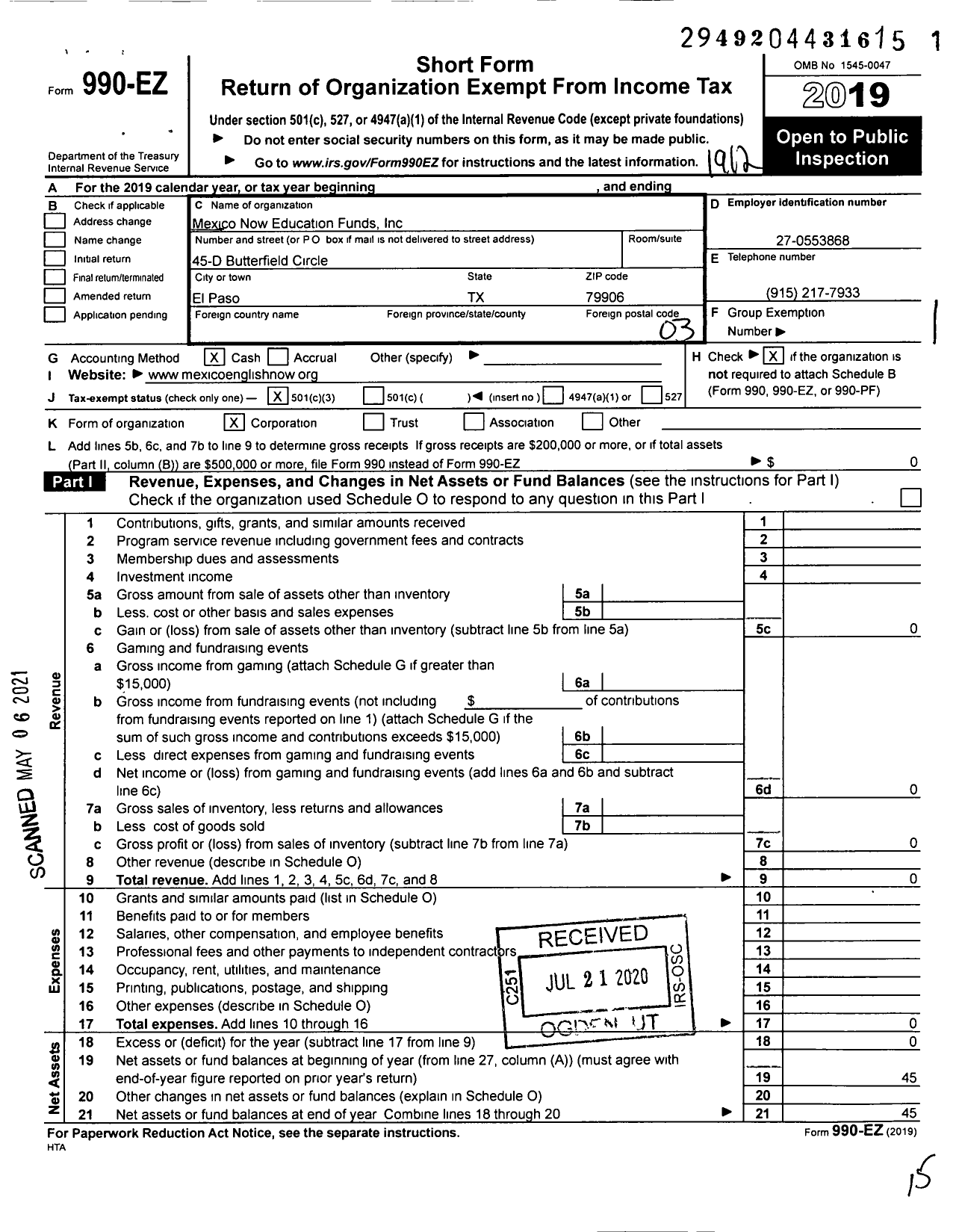 Image of first page of 2019 Form 990EZ for Mexico Now Education Fund