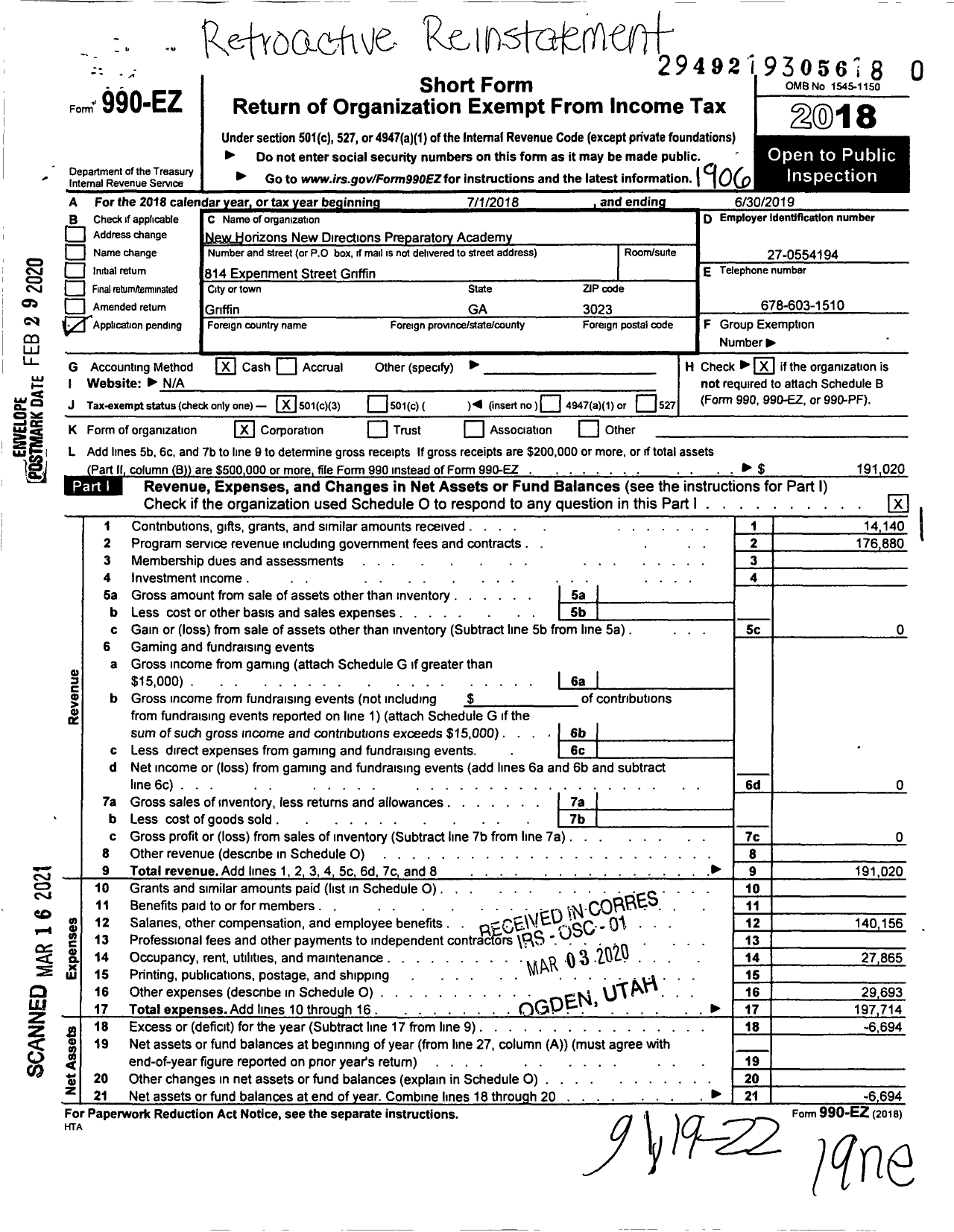 Image of first page of 2018 Form 990EZ for New Horizons New Directions Preparatory Academy