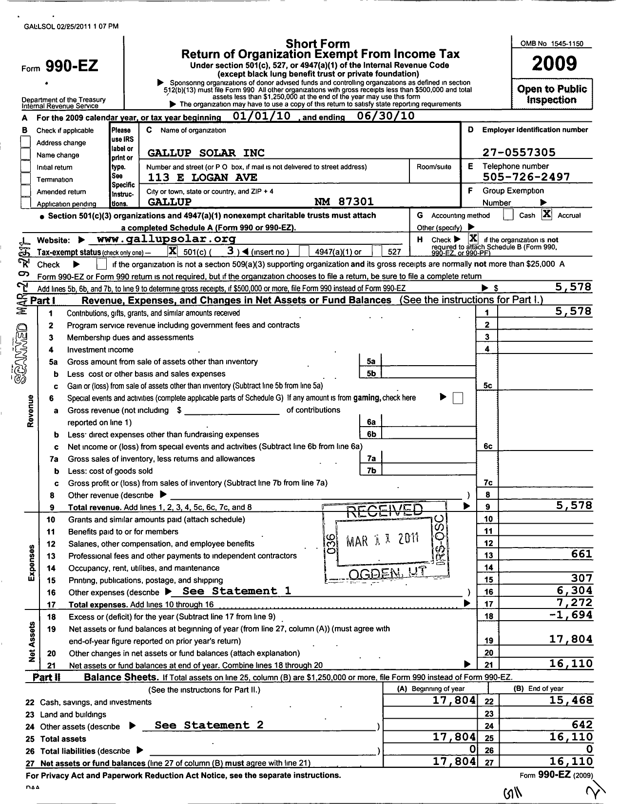 Image of first page of 2009 Form 990EZ for Gallup Solar