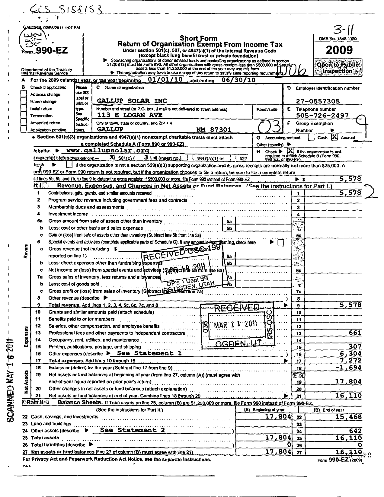 Image of first page of 2009 Form 990EZ for Gallup Solar