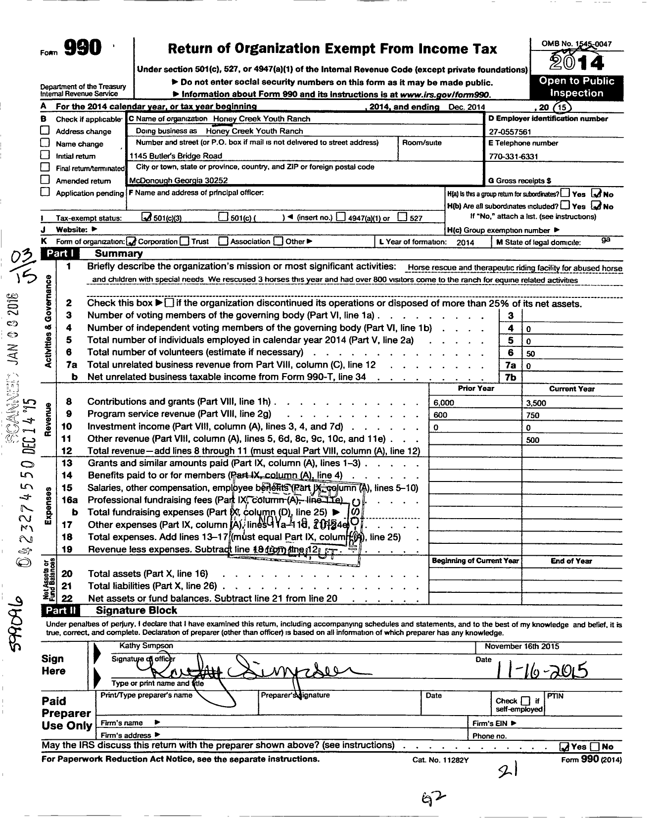 Image of first page of 2014 Form 990 for Honey Creek Youth Ranch