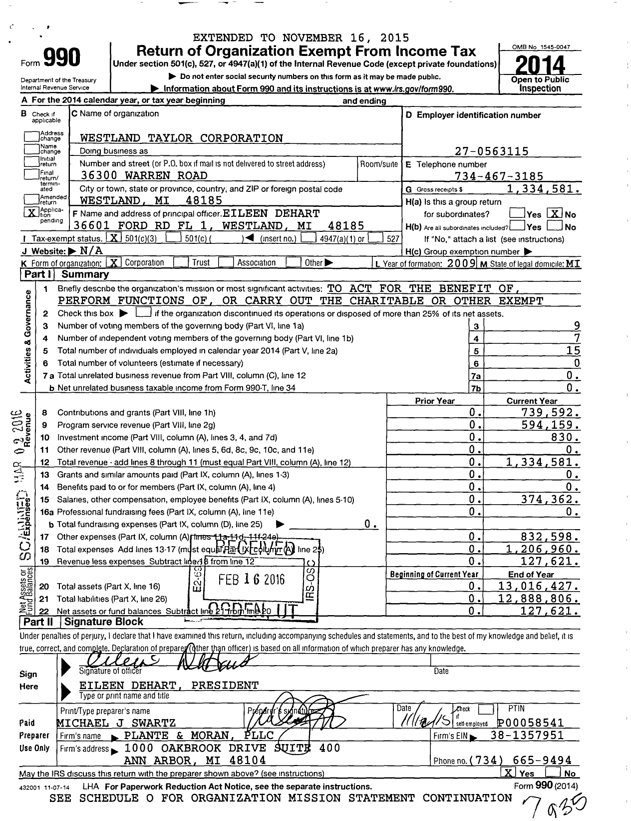 Image of first page of 2014 Form 990 for Westland Taylor Corporation