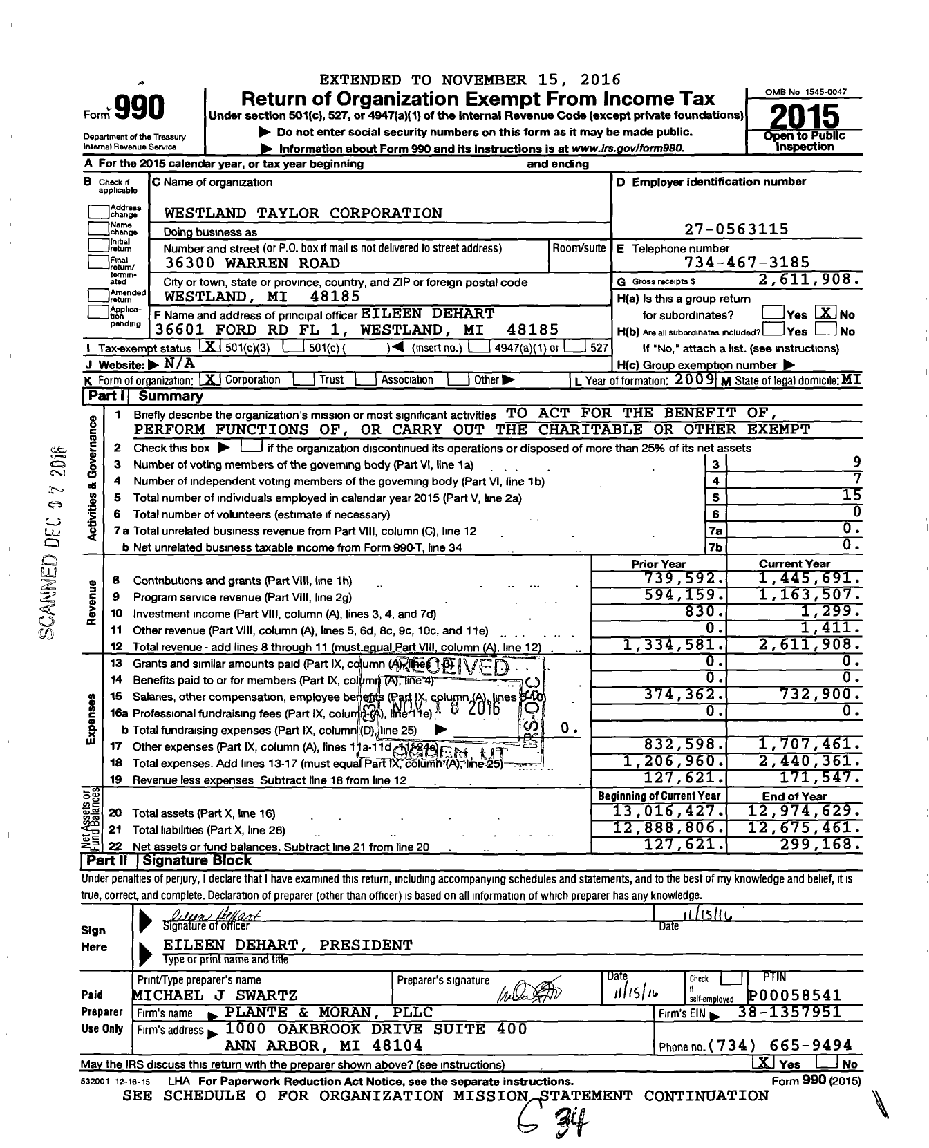 Image of first page of 2015 Form 990 for Westland Taylor Corporation