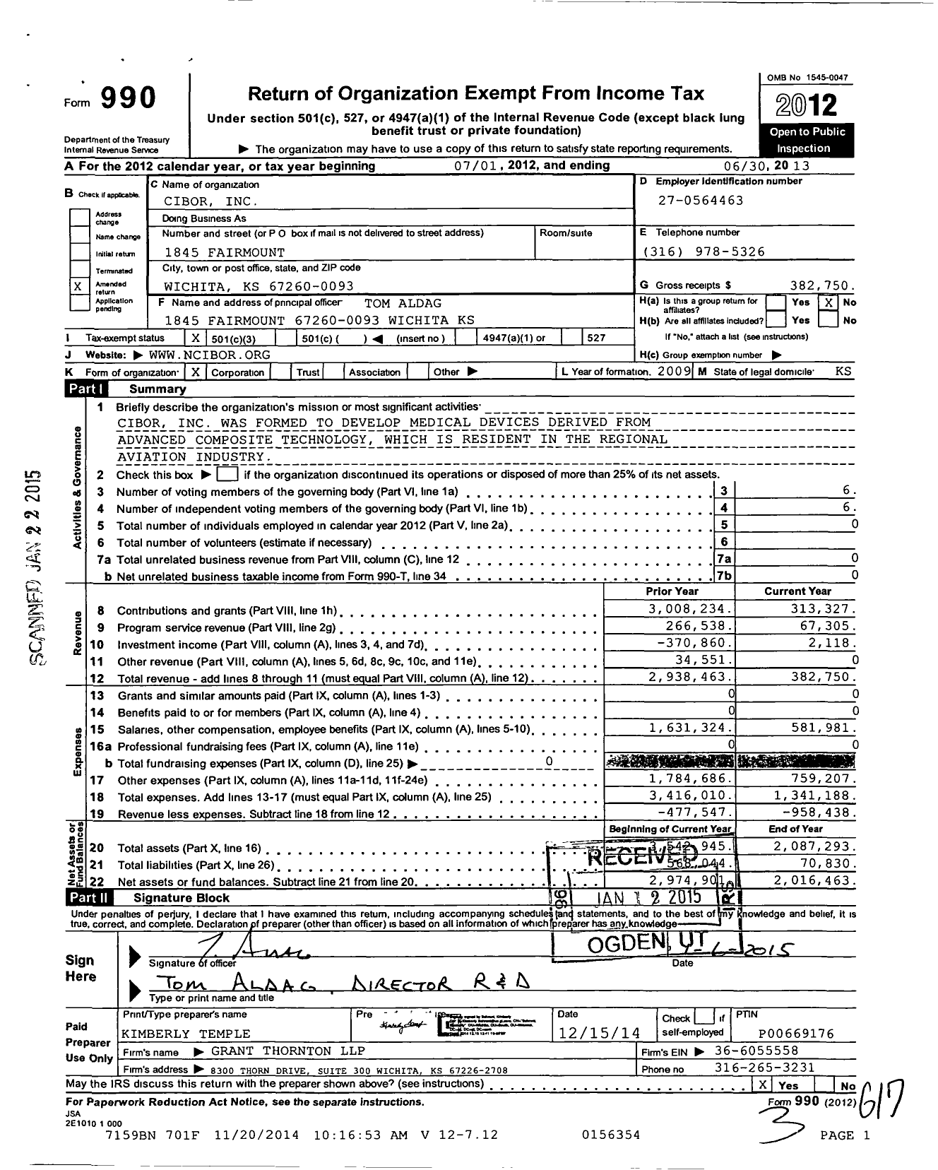 Image of first page of 2012 Form 990 for Cibor