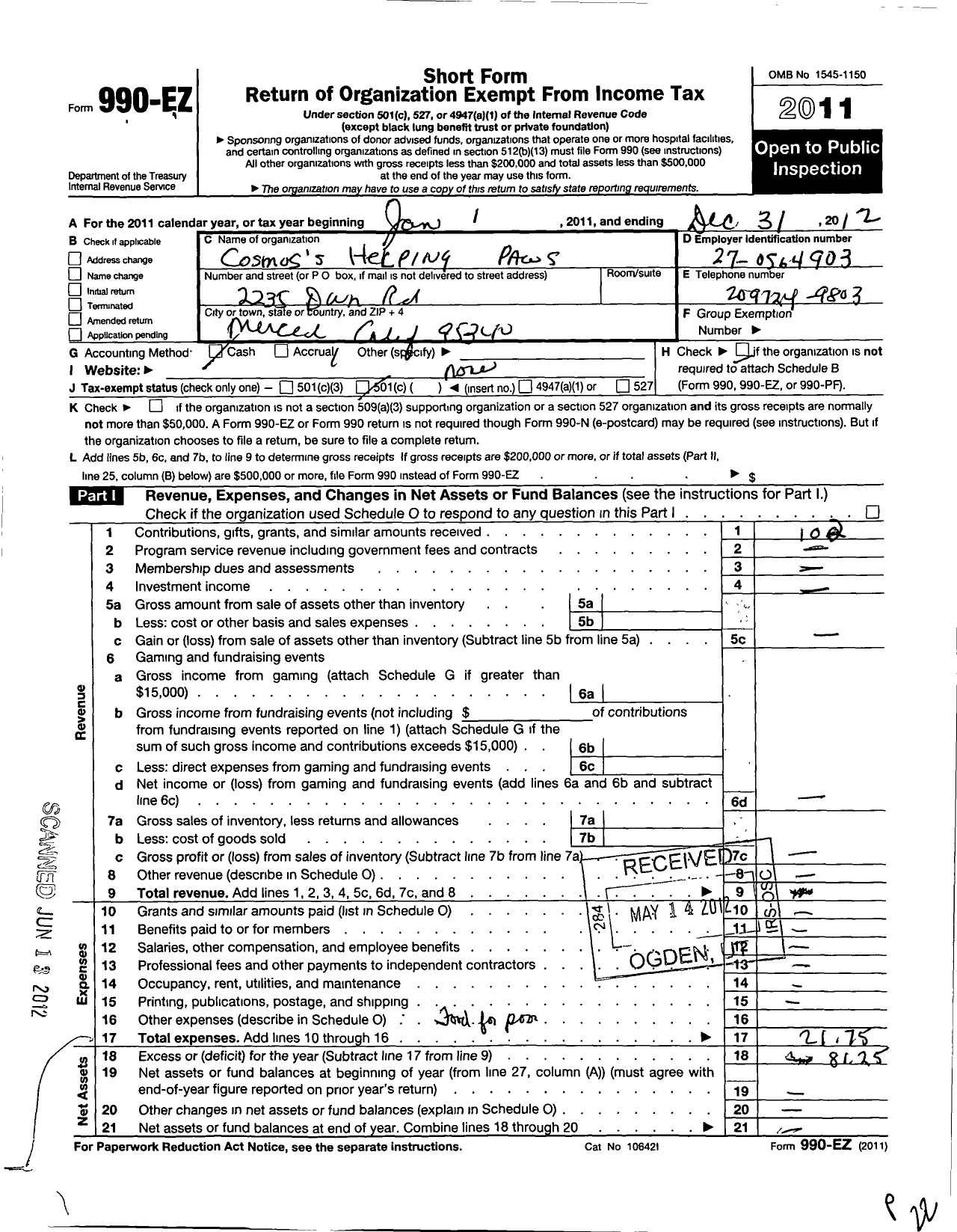 Image of first page of 2012 Form 990EO for Cosmos-S Helping Paws