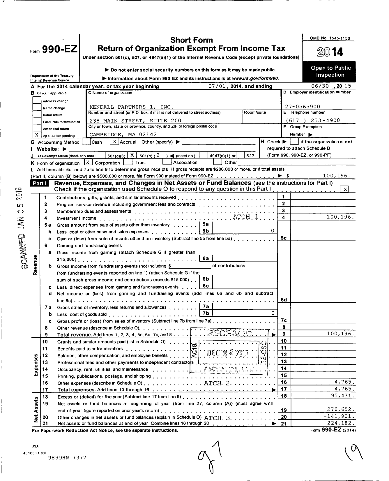 Image of first page of 2014 Form 990EO for Kendall Partners 1