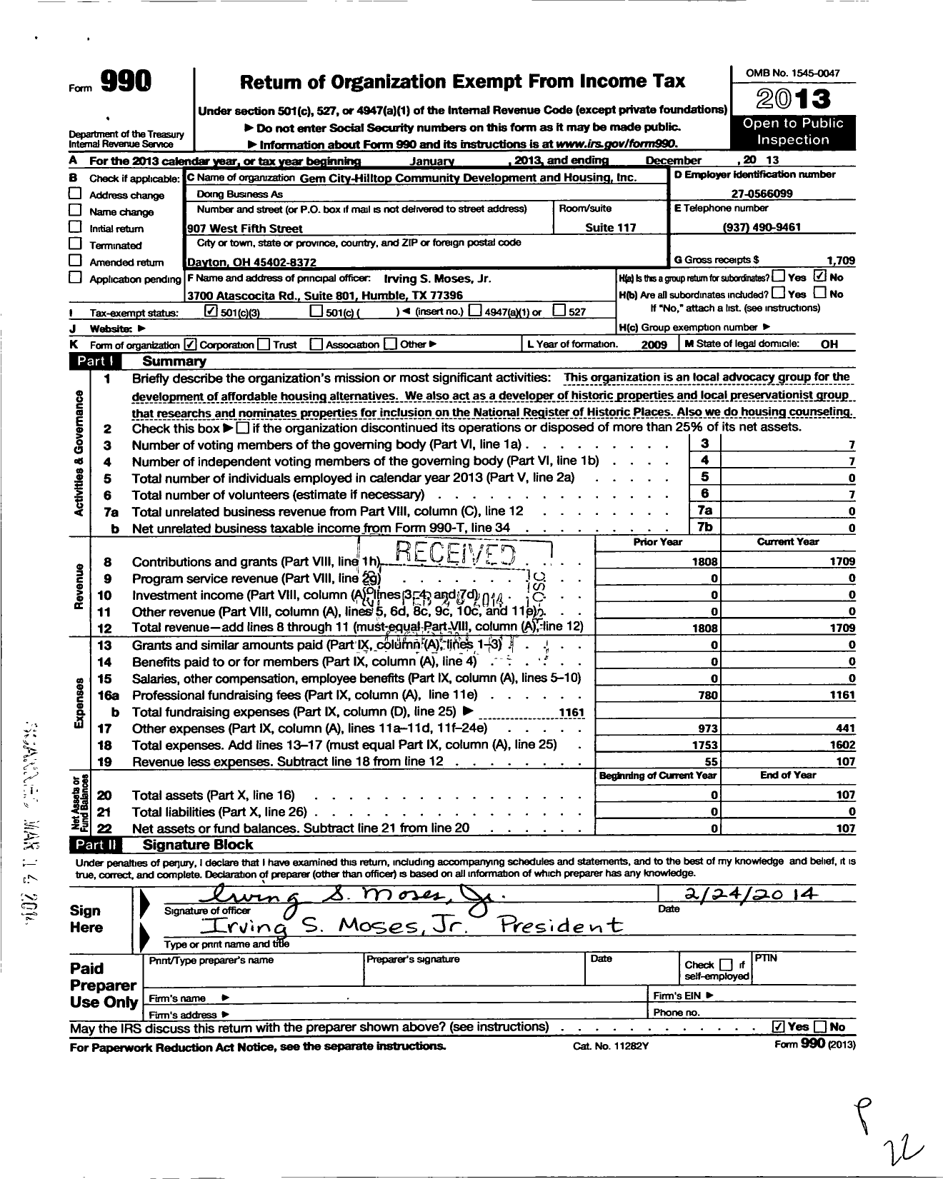 Image of first page of 2013 Form 990 for Gem City-Hilltop Community Development and Housing