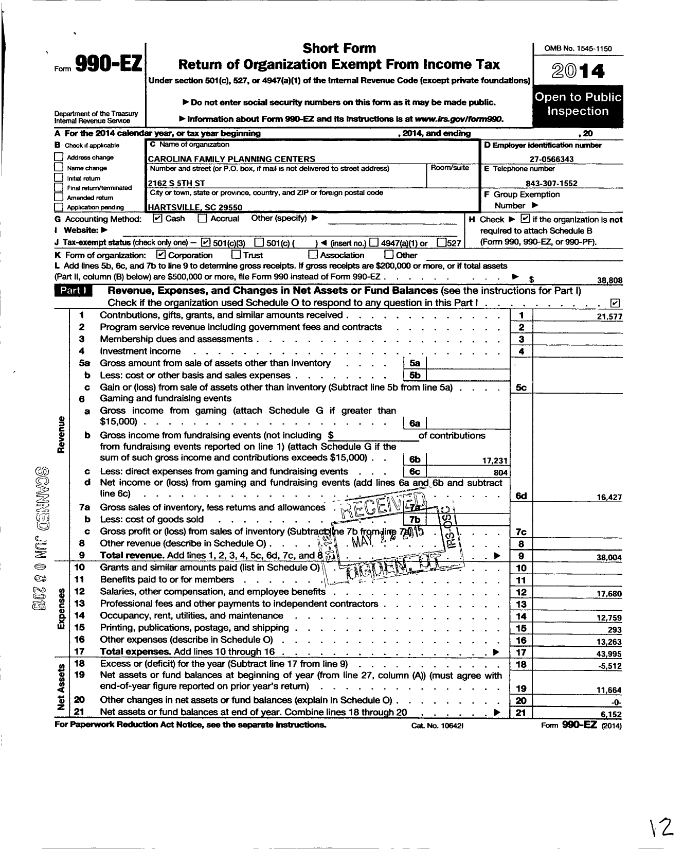 Image of first page of 2014 Form 990EZ for Carolina Family Planning Centers