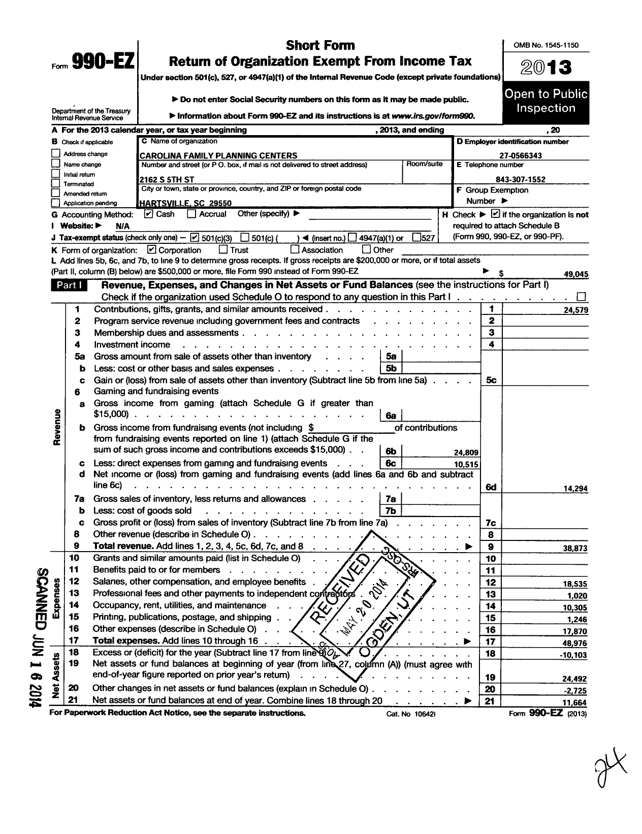 Image of first page of 2013 Form 990EZ for Carolina Family Planning Centers