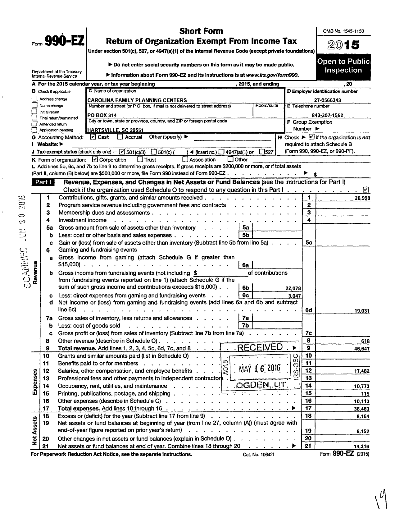 Image of first page of 2015 Form 990EZ for Carolina Family Planning Centers