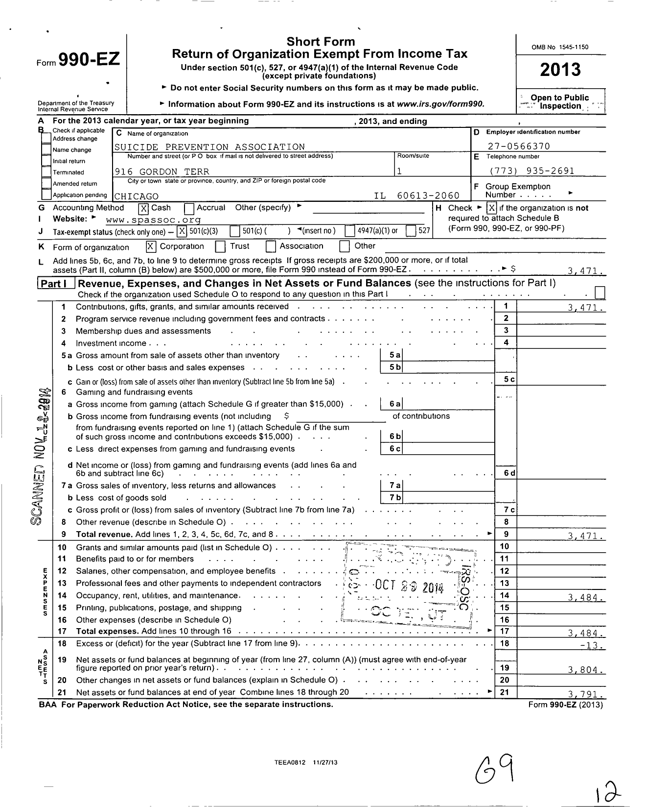 Image of first page of 2013 Form 990EZ for Suicide Prevention Association