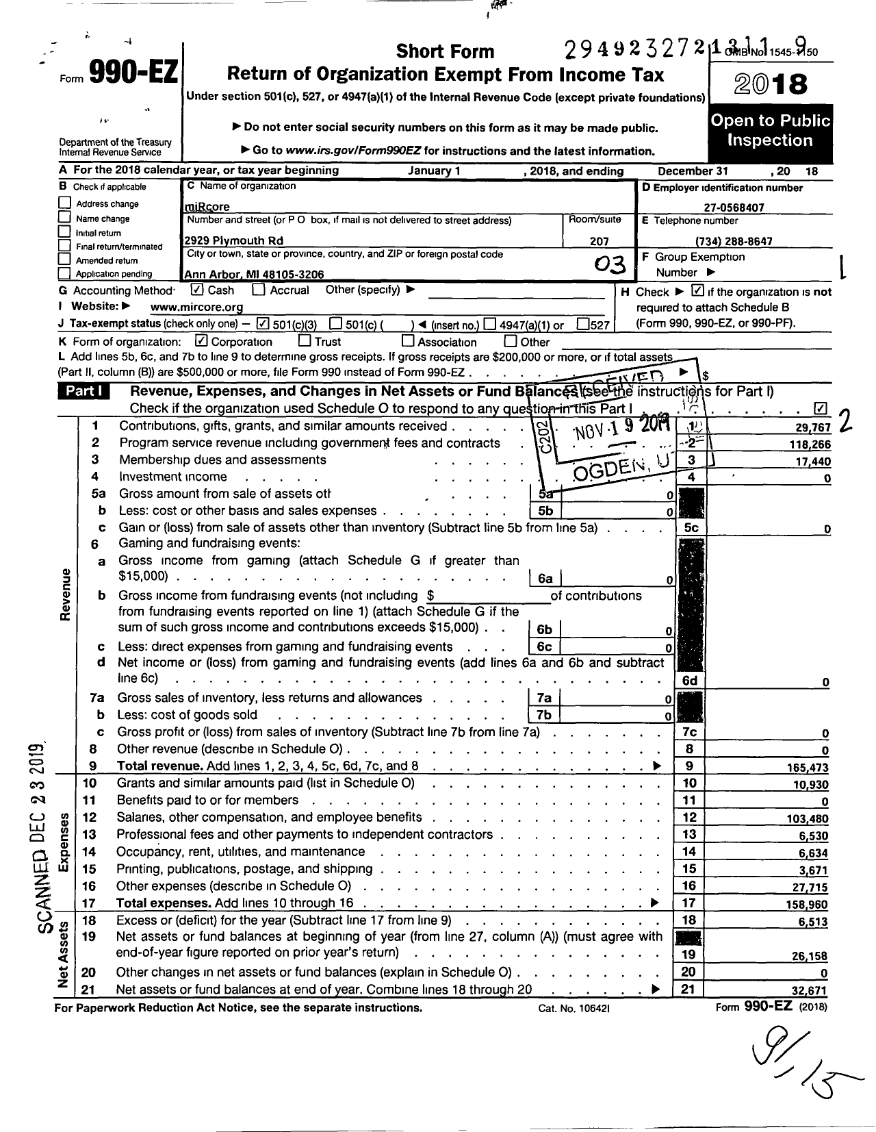 Image of first page of 2018 Form 990EZ for Mircore