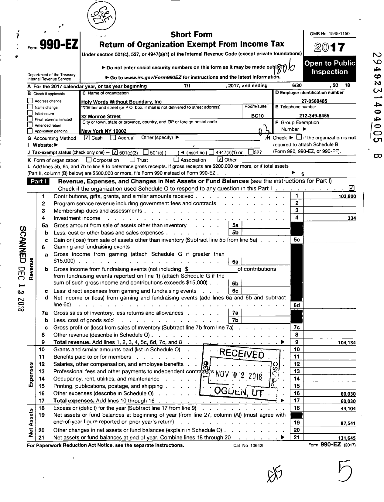 Image of first page of 2017 Form 990EZ for Holy Words Without Boundary