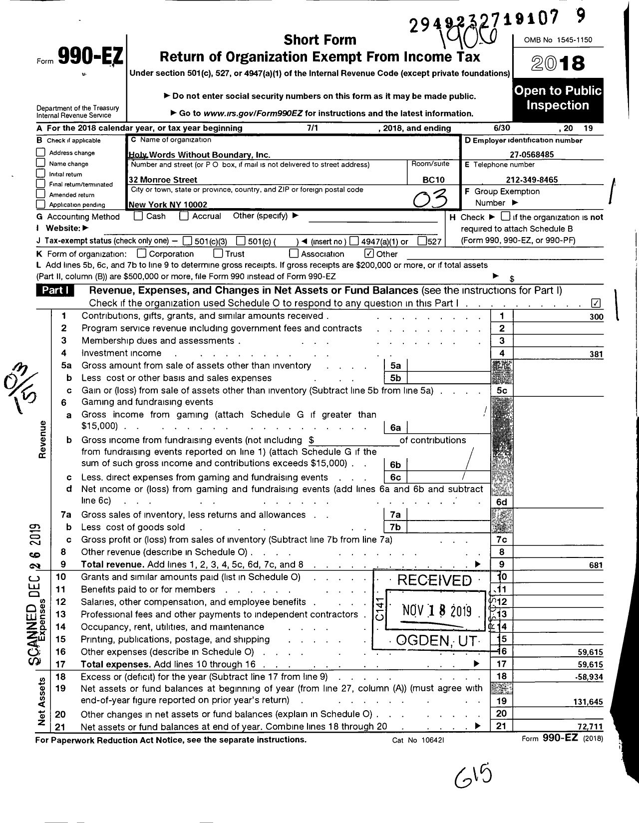 Image of first page of 2018 Form 990EZ for Holy Words Without Boundary