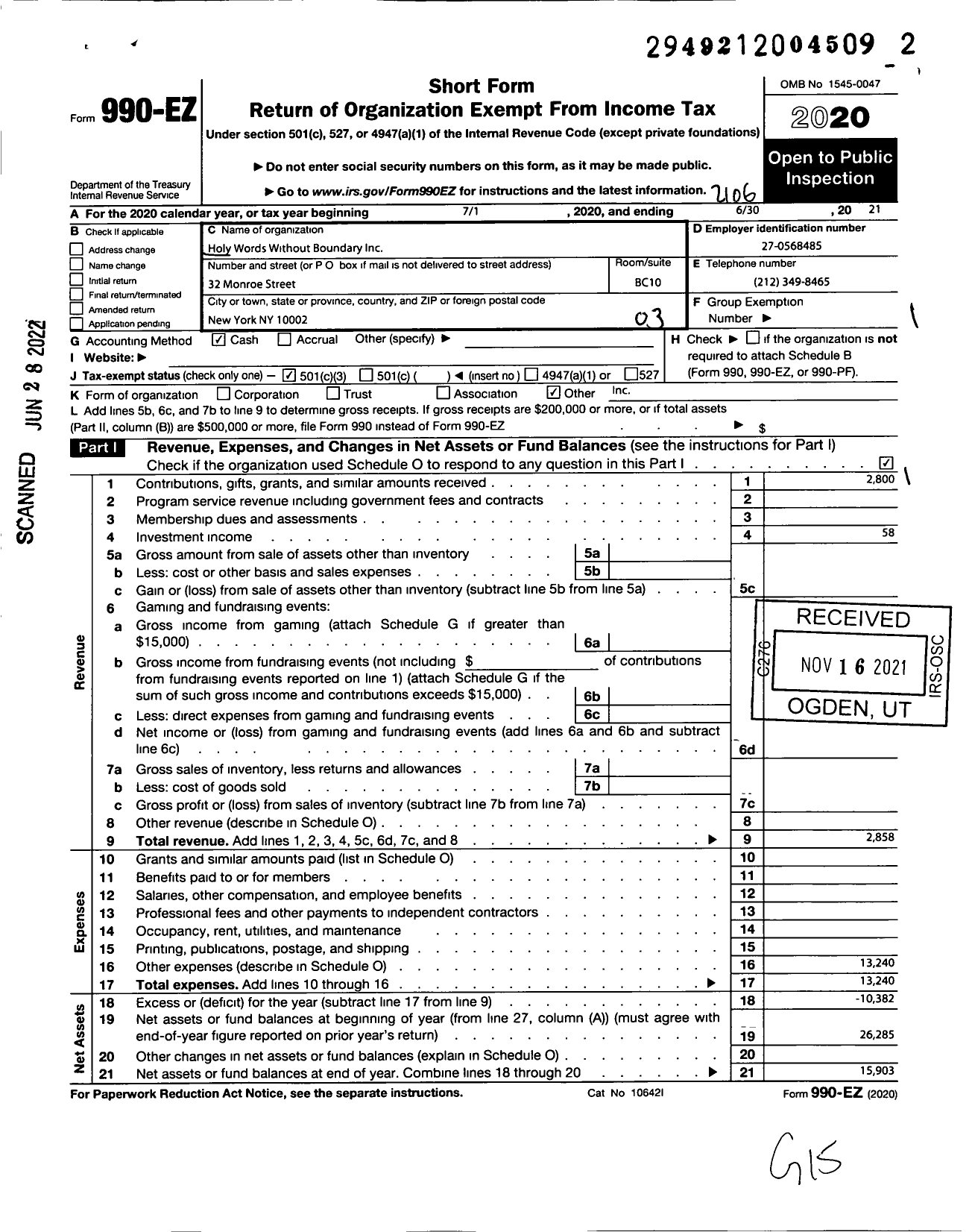 Image of first page of 2020 Form 990EZ for Holy Words Without Boundary