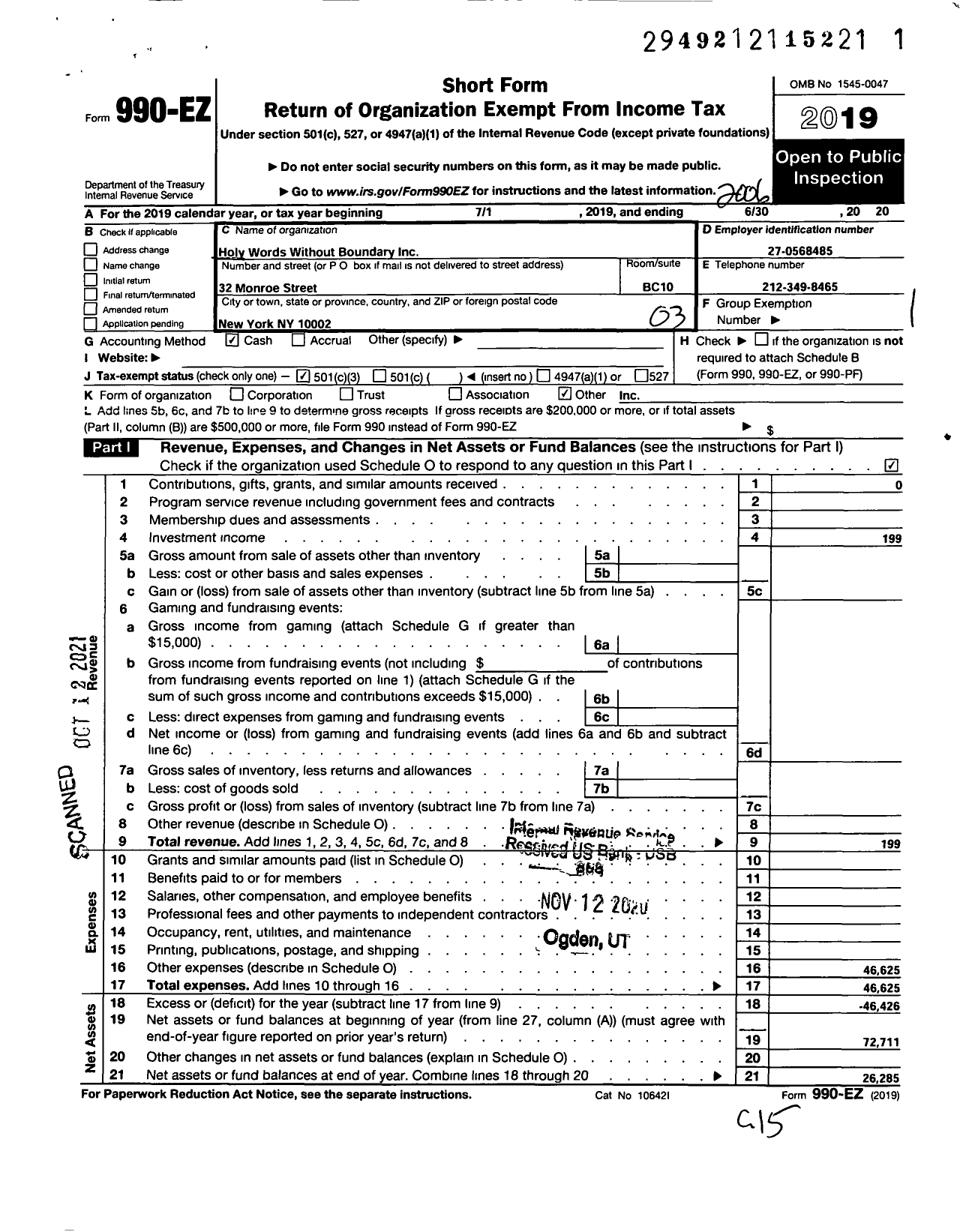 Image of first page of 2019 Form 990EZ for Holy Words Without Boundary