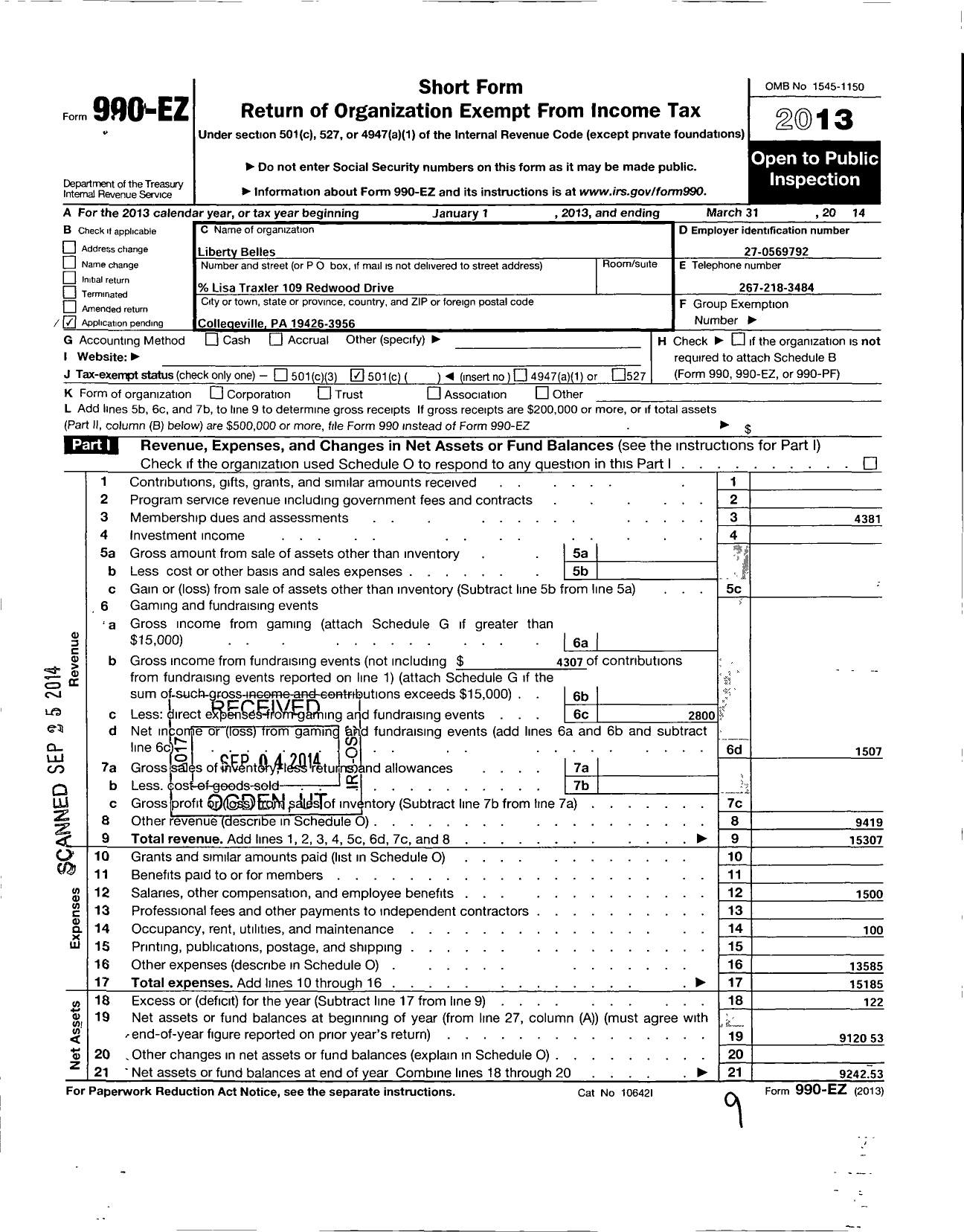 Image of first page of 2013 Form 990EO for Harmony / Liberty Belles