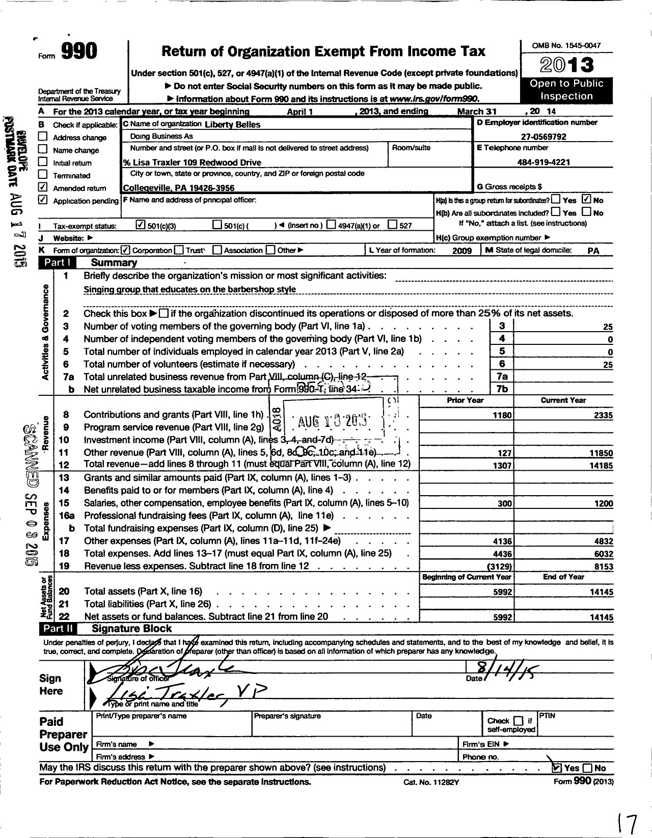 Image of first page of 2013 Form 990 for Harmony / Liberty Belles