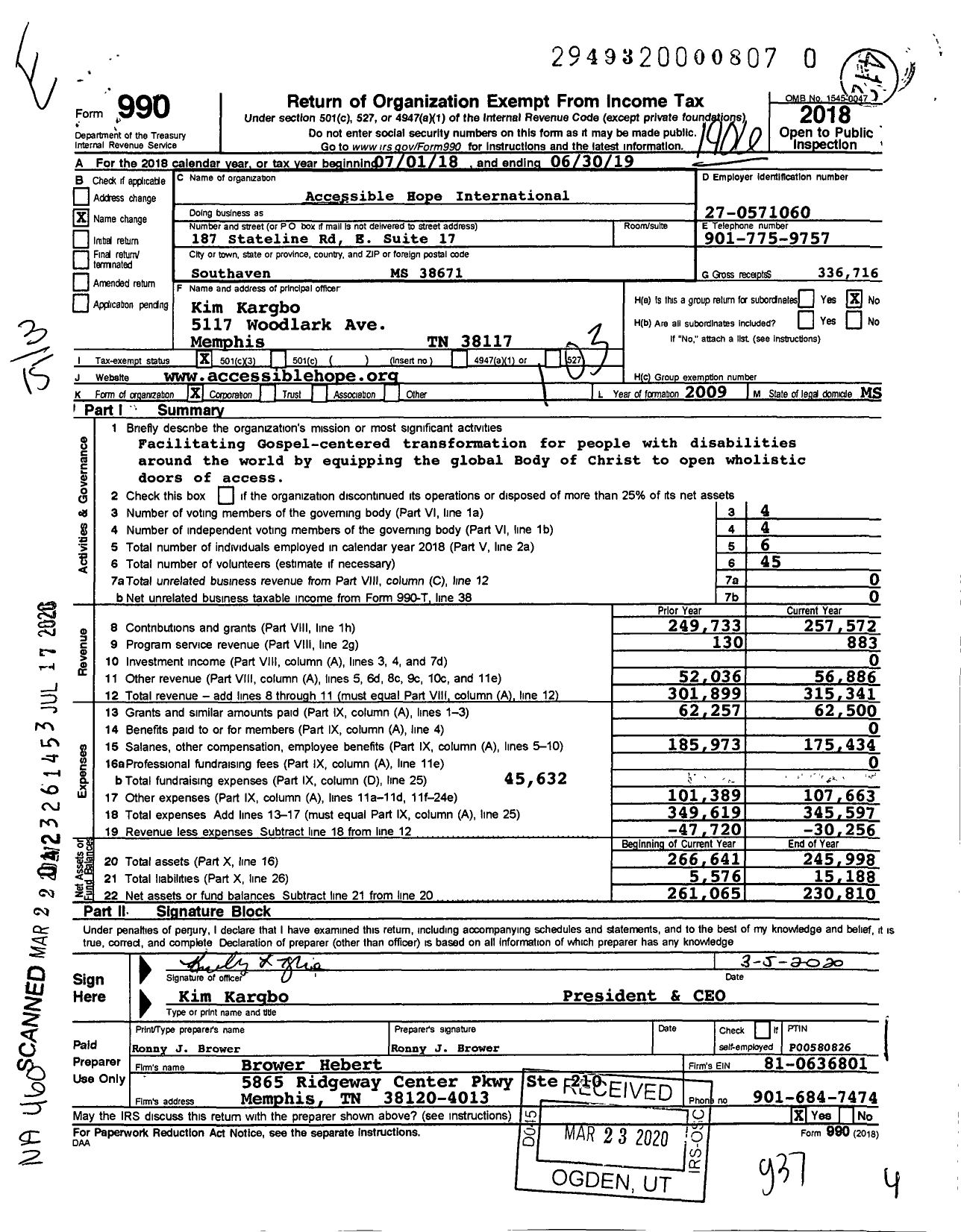 Image of first page of 2018 Form 990 for Accessible Hope International