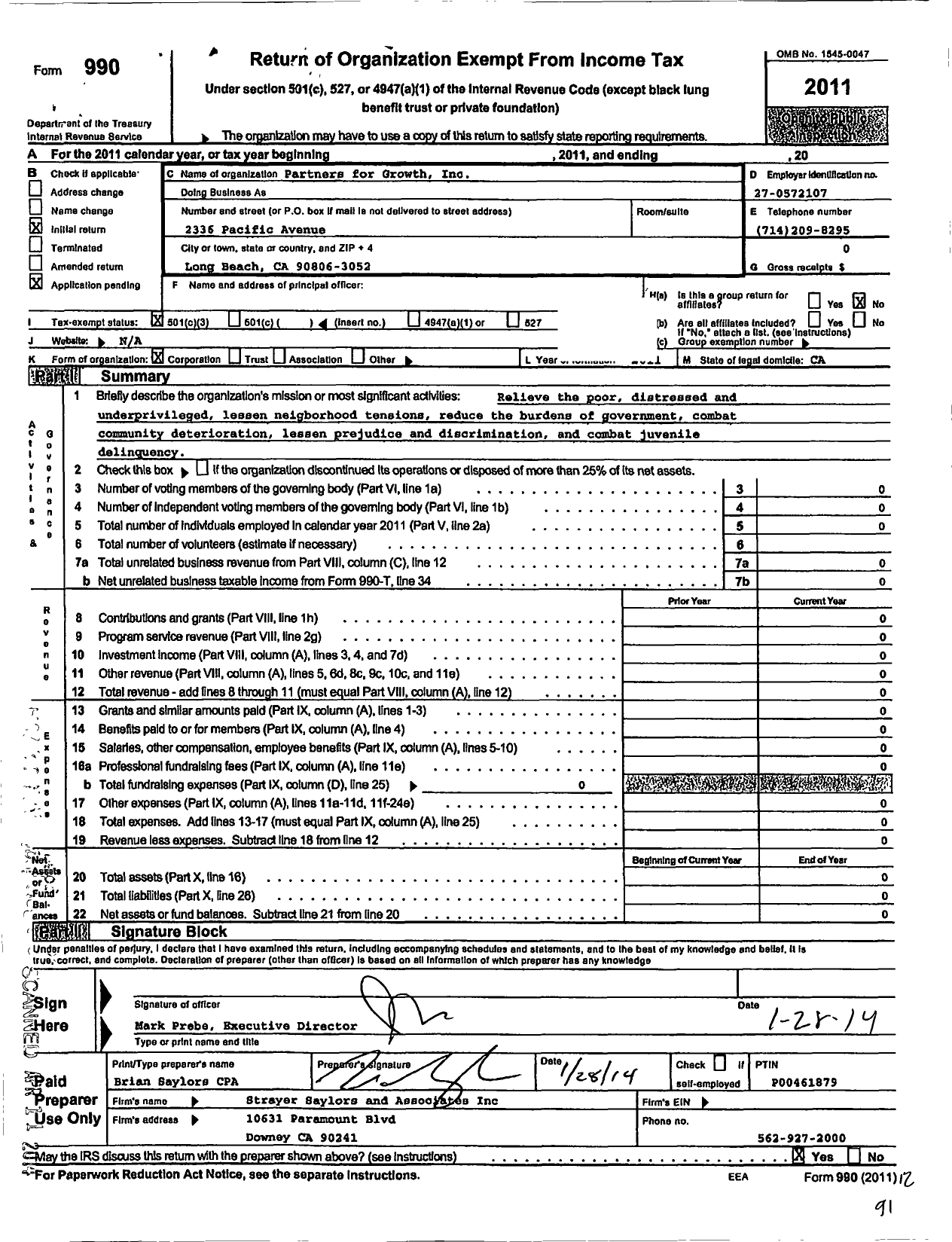 Image of first page of 2011 Form 990 for Partners for Growth