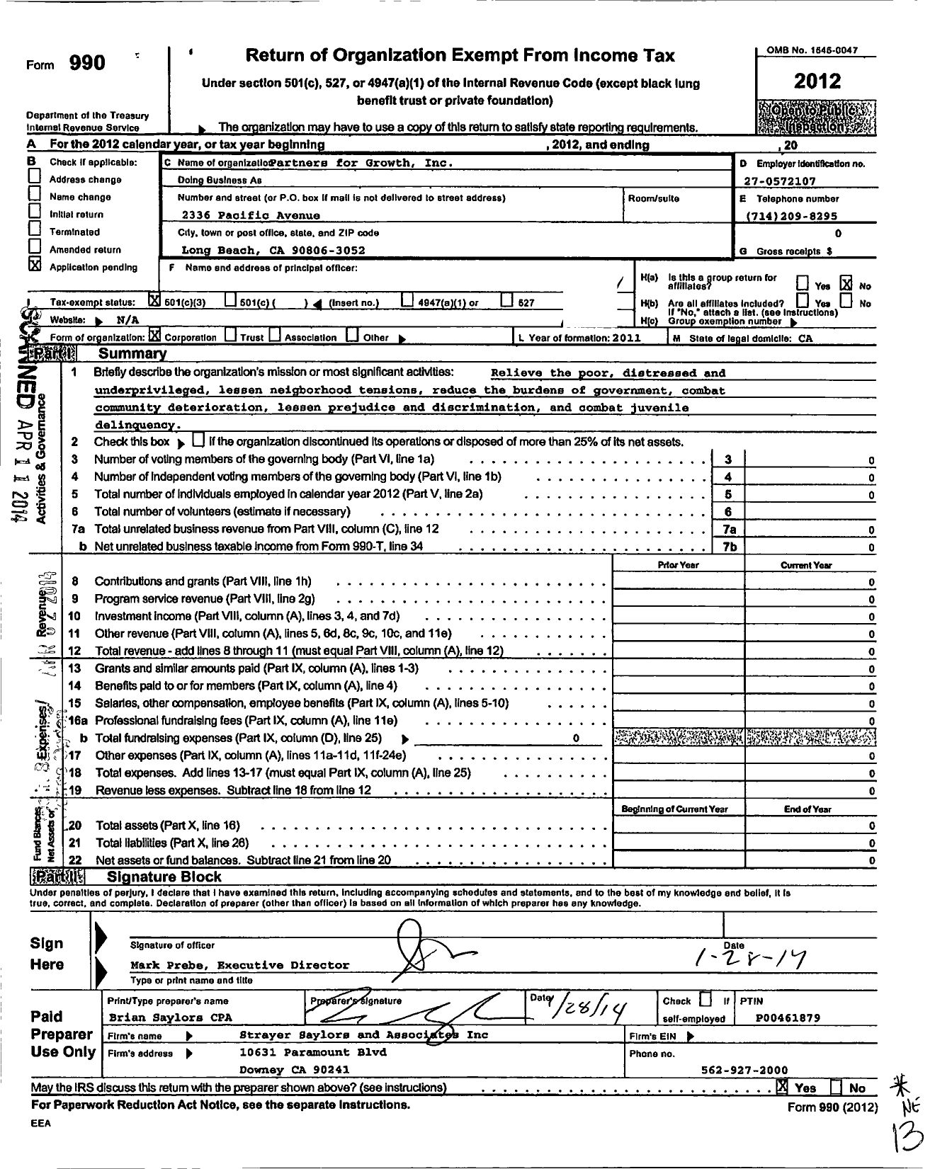 Image of first page of 2012 Form 990 for Partners for Growth