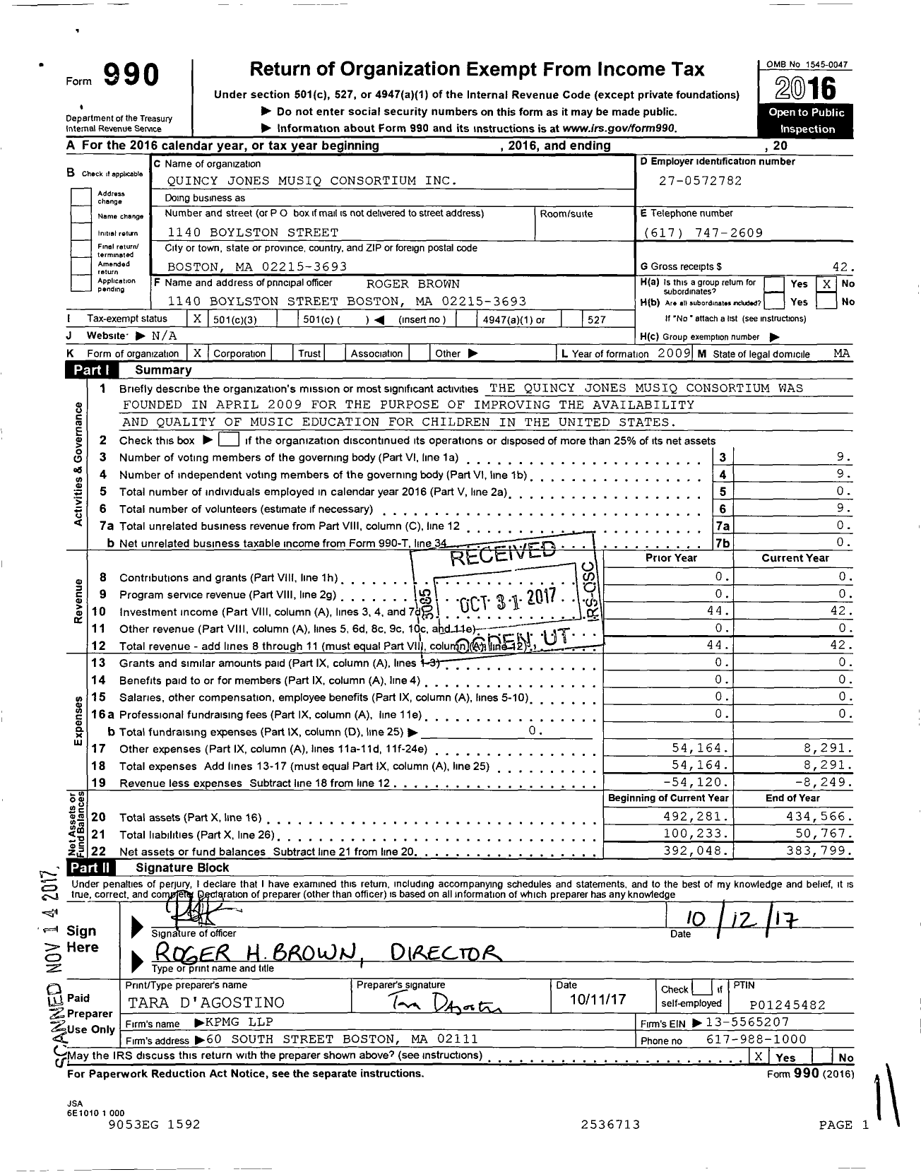 Image of first page of 2016 Form 990 for Quincy Jones Musiq Consortium