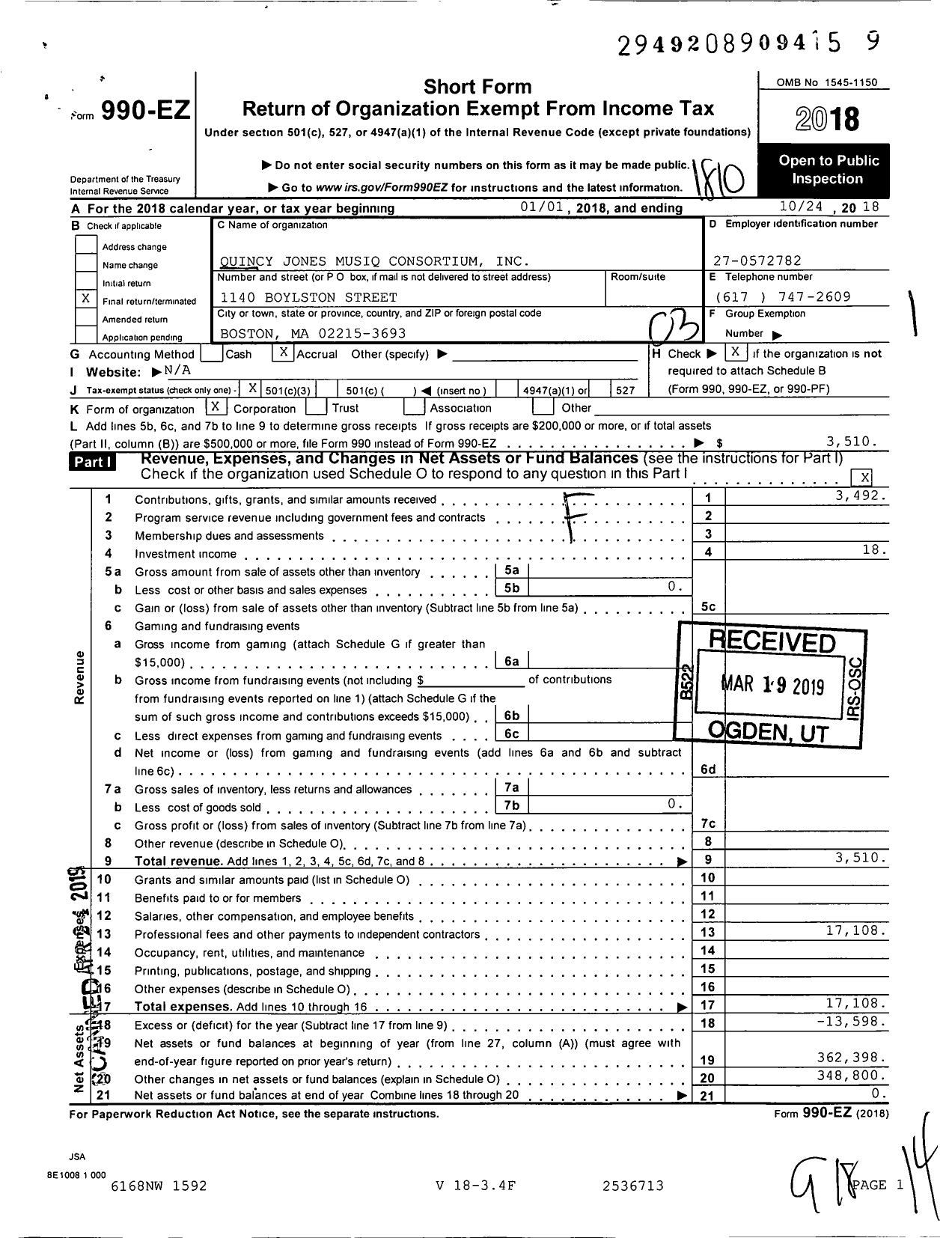 Image of first page of 2017 Form 990EZ for Quincy Jones Musiq Consortium