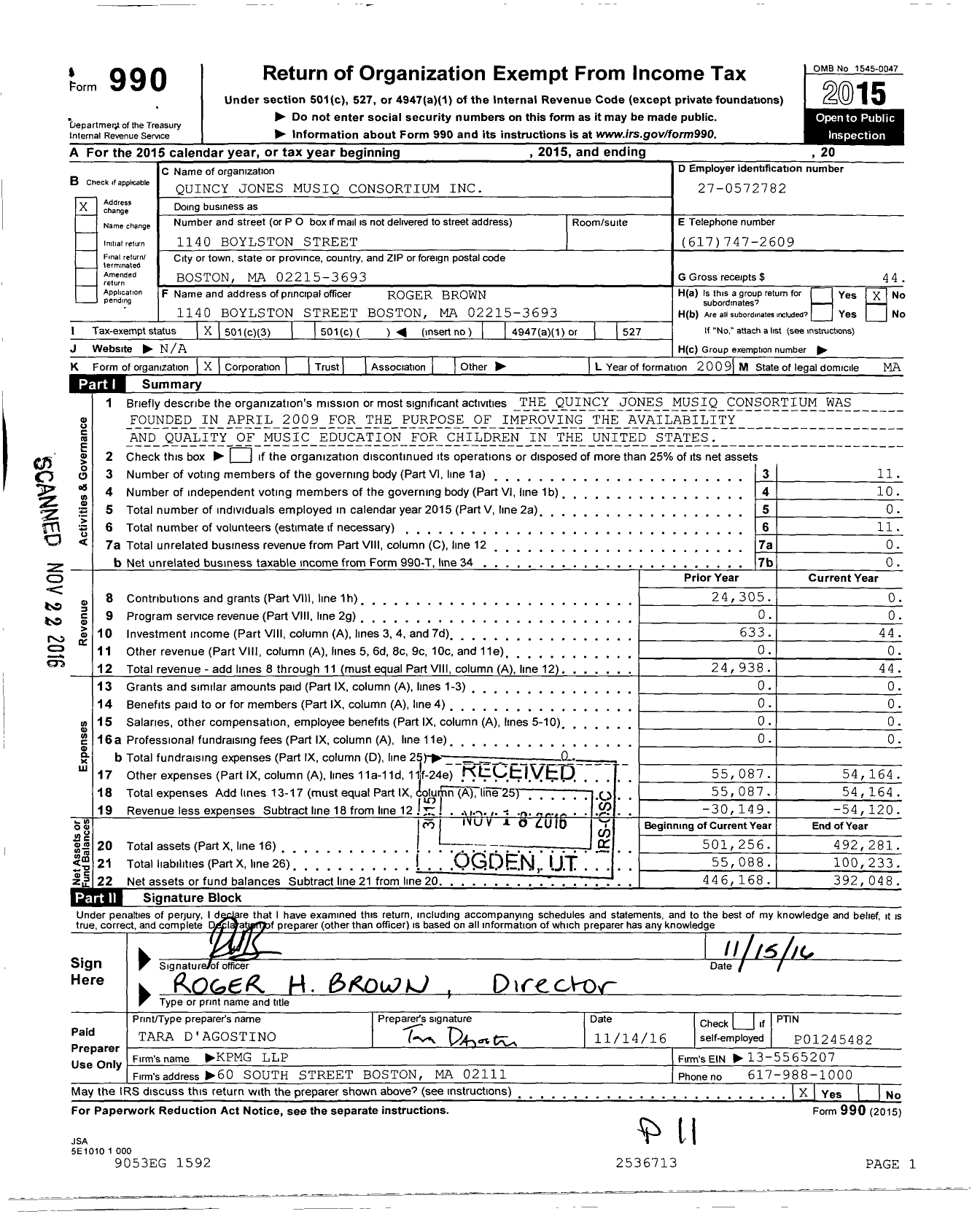 Image of first page of 2015 Form 990 for Quincy Jones Musiq Consortium