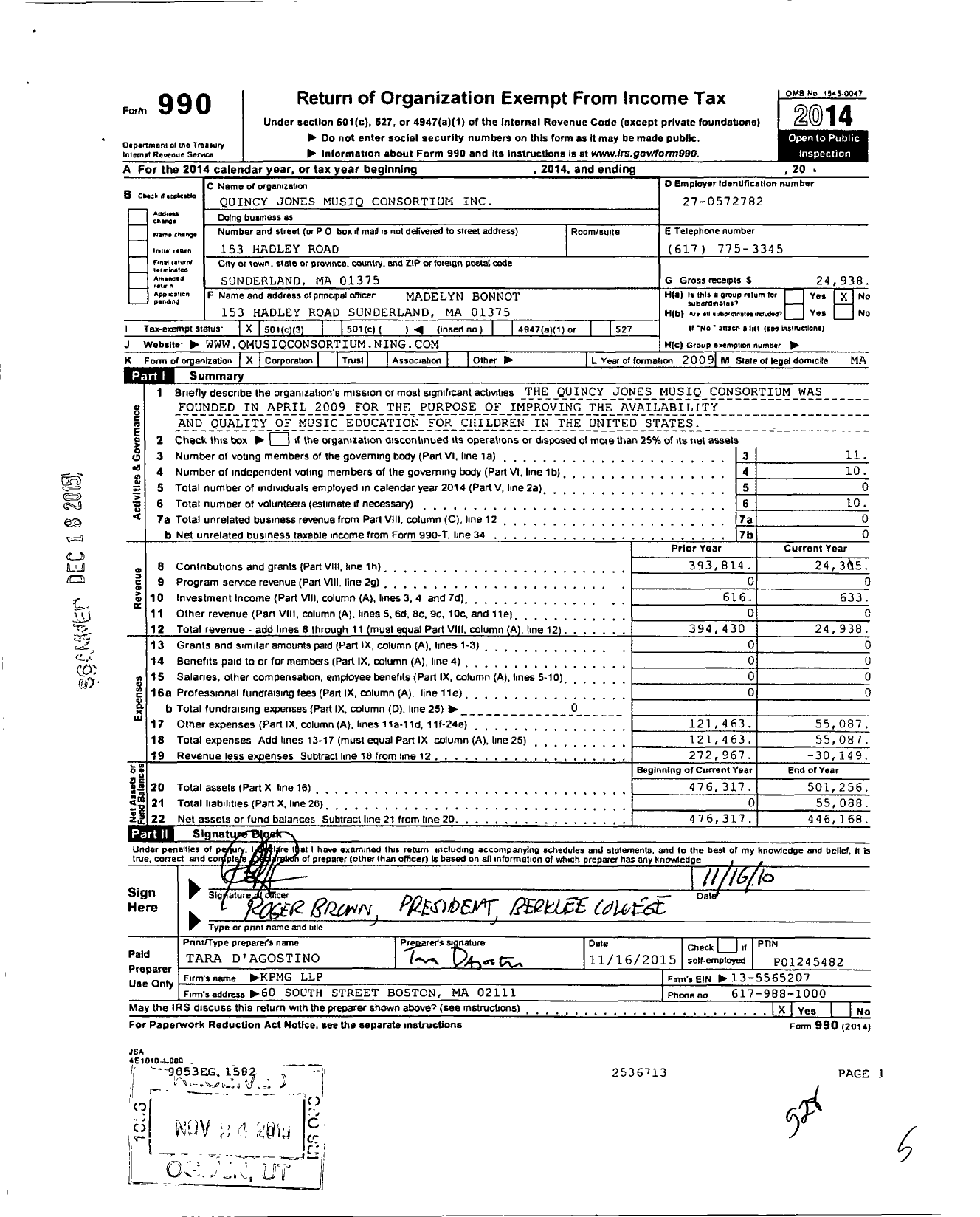 Image of first page of 2014 Form 990 for Quincy Jones Musiq Consortium