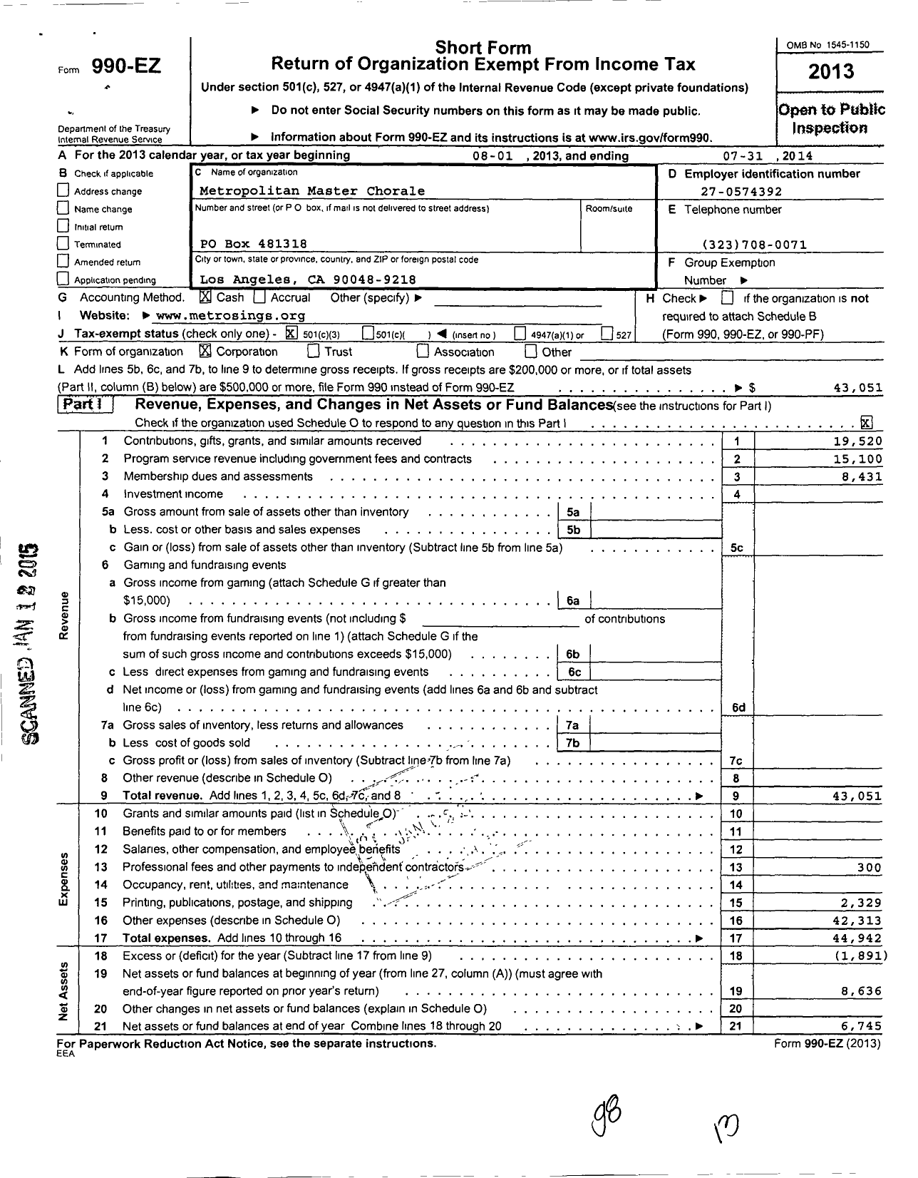 Image of first page of 2013 Form 990EZ for Metropolitan Master Chorale