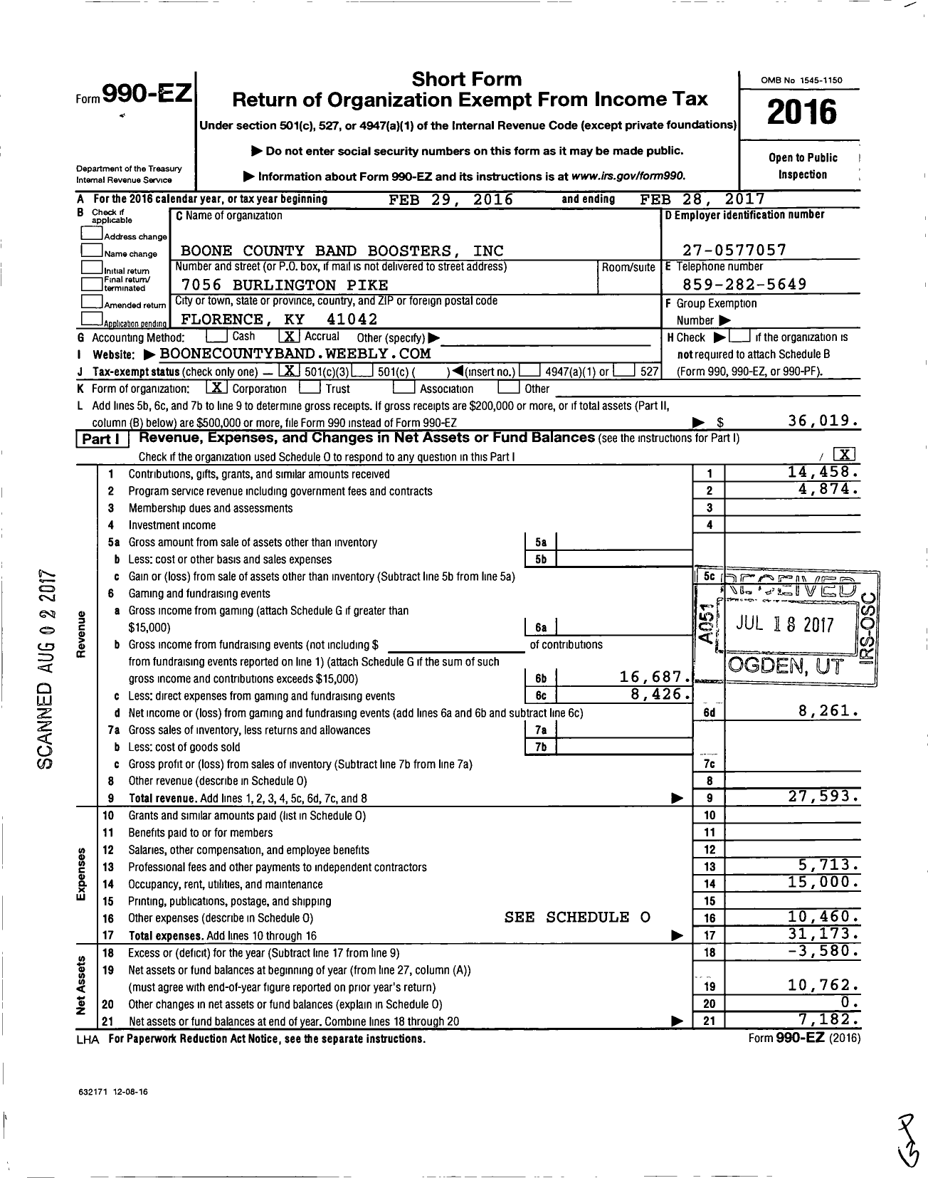 Image of first page of 2016 Form 990EZ for Boone County Band Boosters