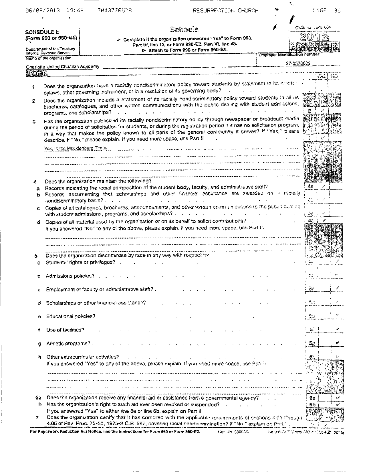 Image of first page of 2011 Form 990R for Charlotte United Christian Academy