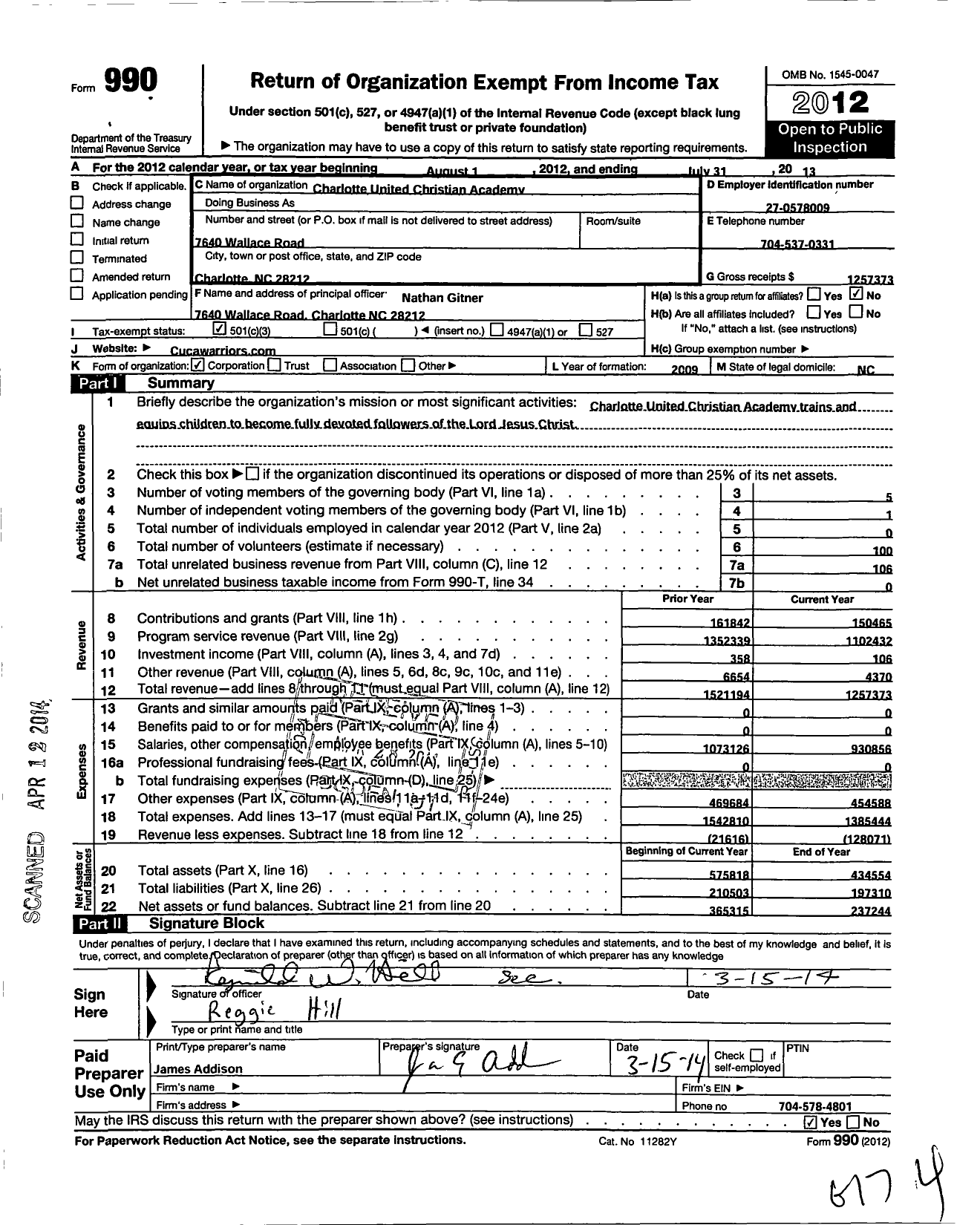 Image of first page of 2012 Form 990 for Charlotte United Christian Academy