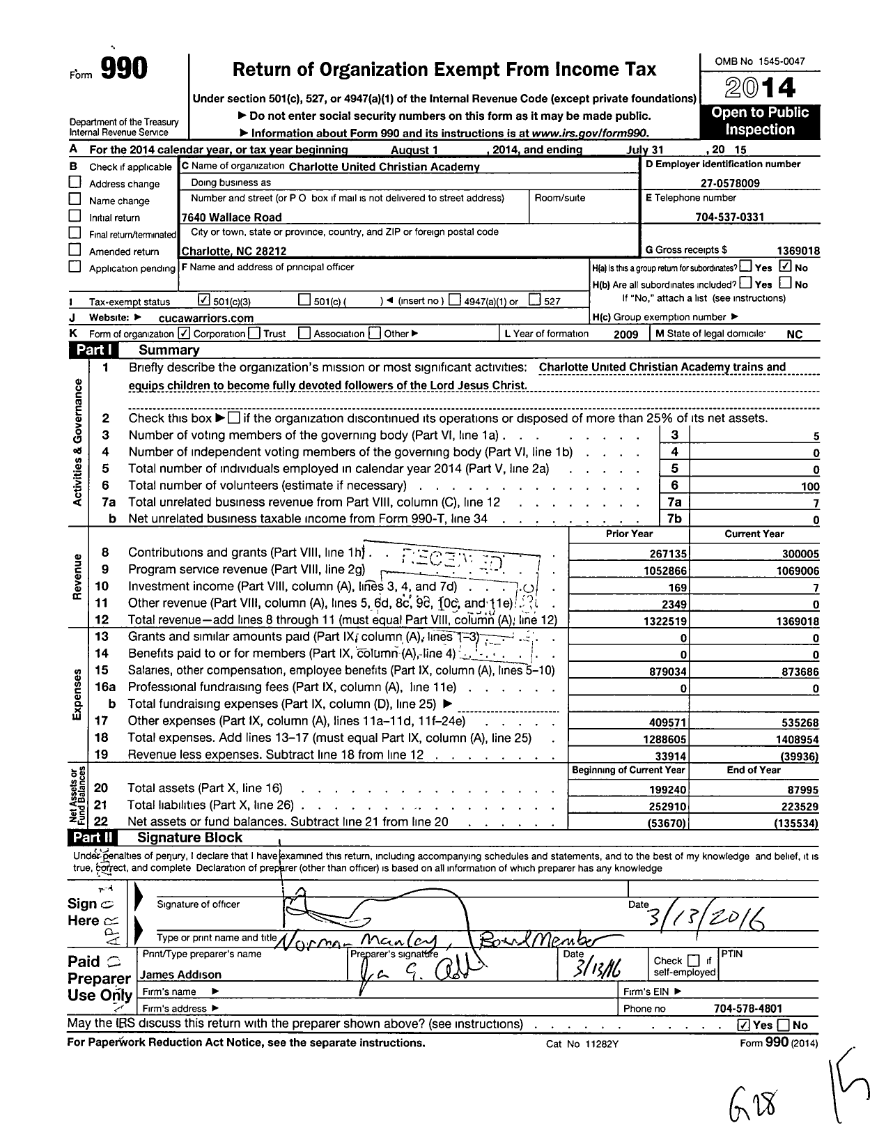 Image of first page of 2014 Form 990 for Charlotte United Christian Academy