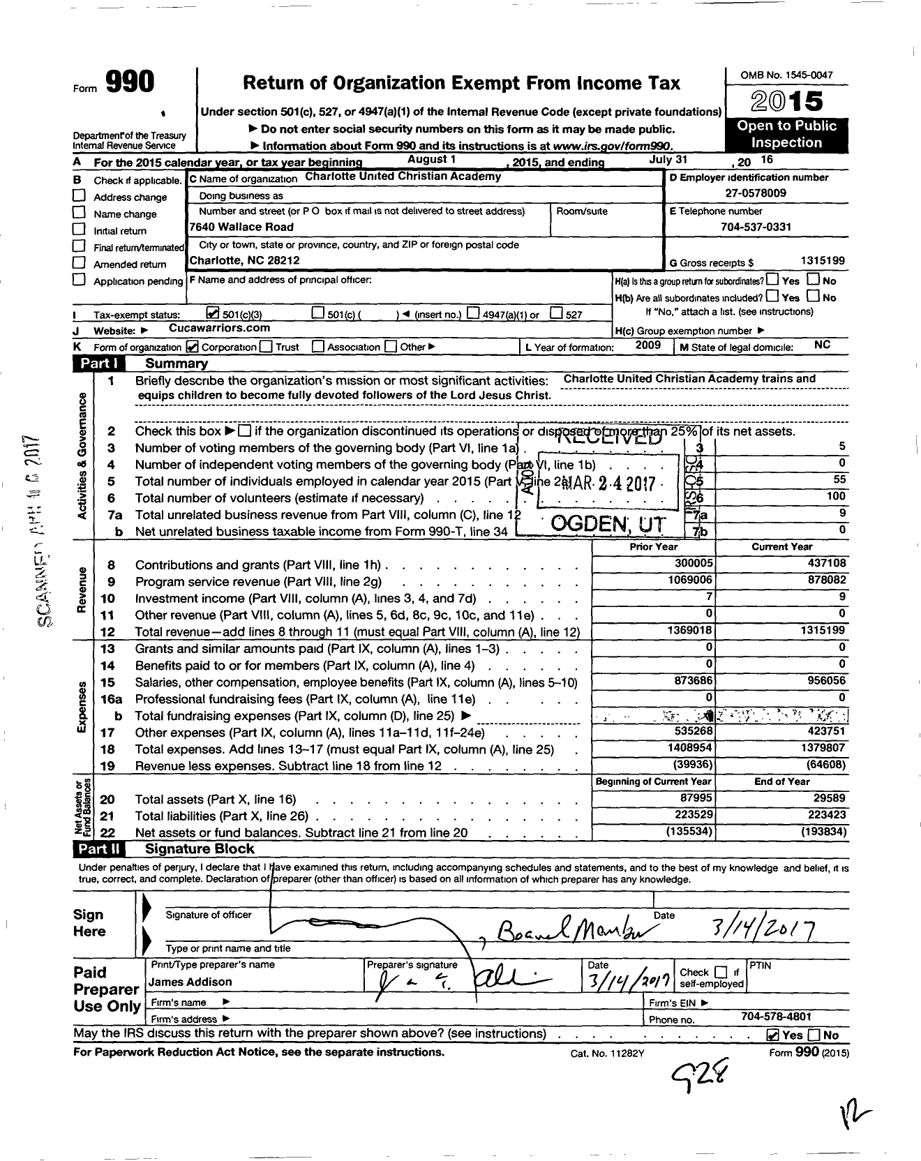 Image of first page of 2015 Form 990 for Charlotte United Christian Academy