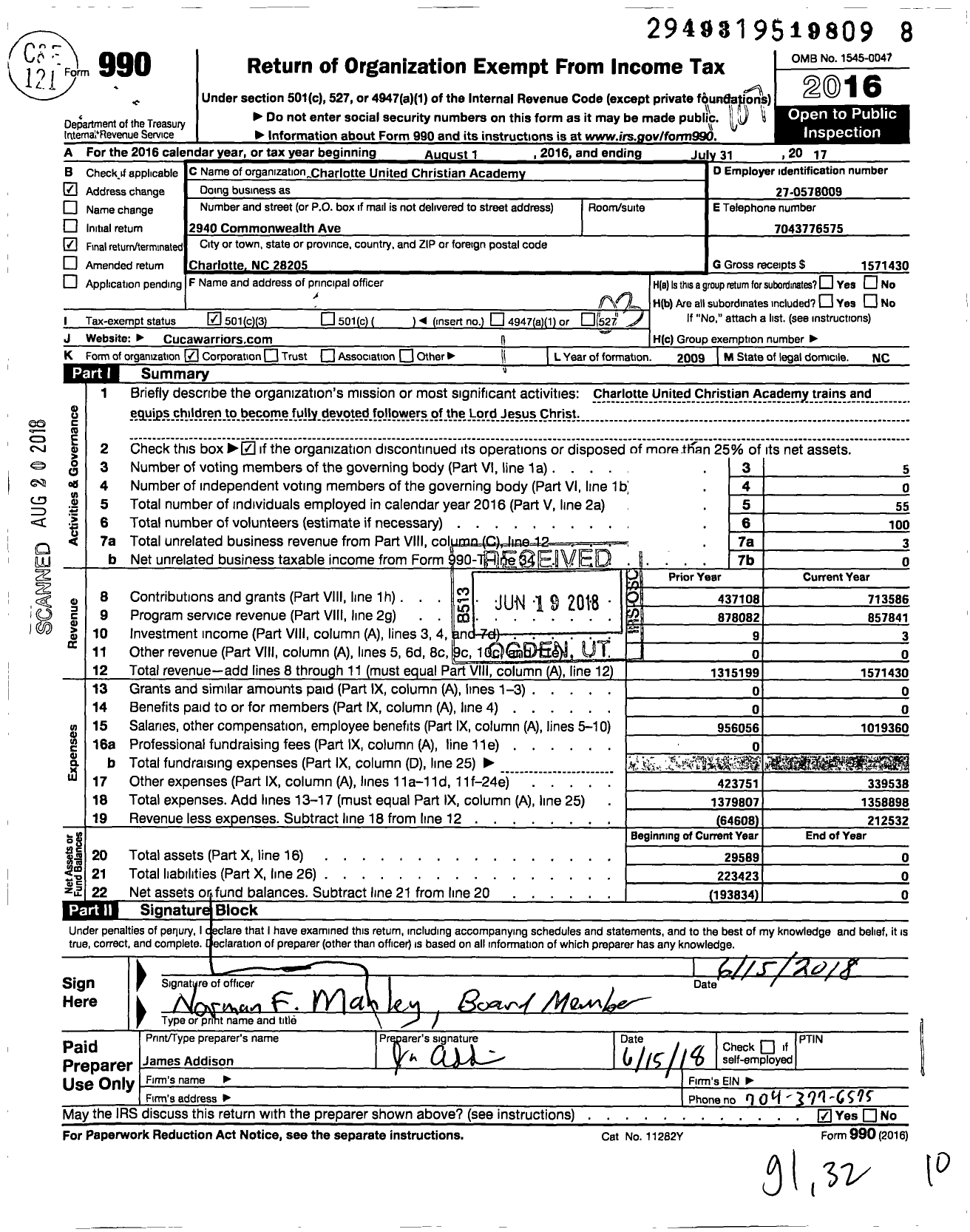 Image of first page of 2016 Form 990 for Charlotte United Christian Academy