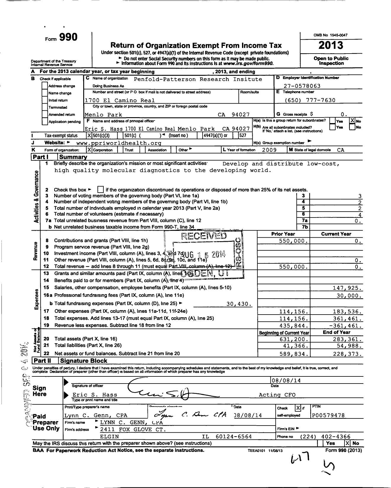 Image of first page of 2013 Form 990 for Penfold-Patterson Research Institute (PPRI)