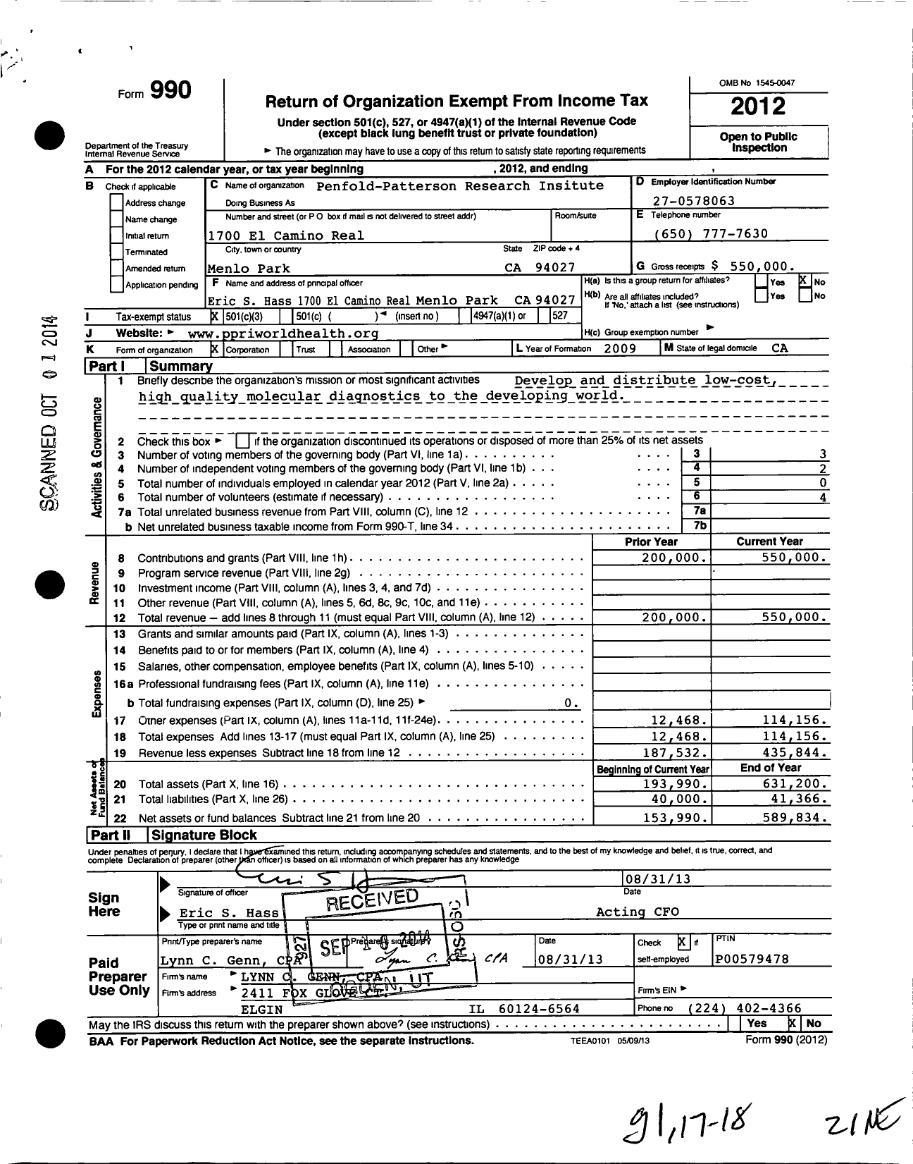 Image of first page of 2012 Form 990 for Penfold-Patterson Research Institute (PPRI)